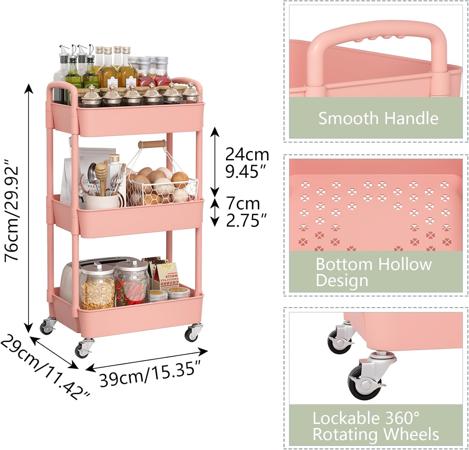 Sywhitta 3-Tier Plastic Rolling Utility Cart with Handle, Multi-Functional Storage Trolley for Office, Living Room, Kitchen, Movable Storage Organizer with Wheels, Pink