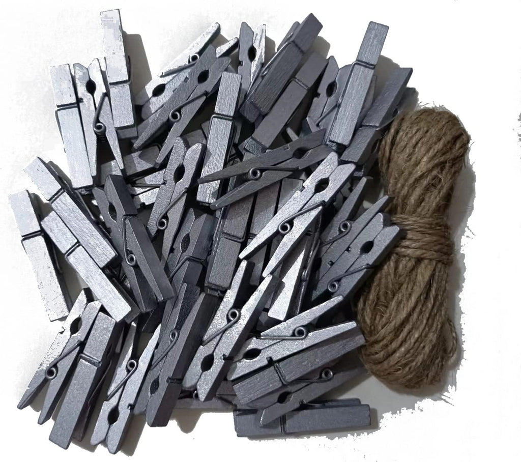 1.8 Inch Silver Wooden Clothespins Hold Picture Photo Clothesline Pins Hanging Christmas Cards with Jute Twine Pack 50