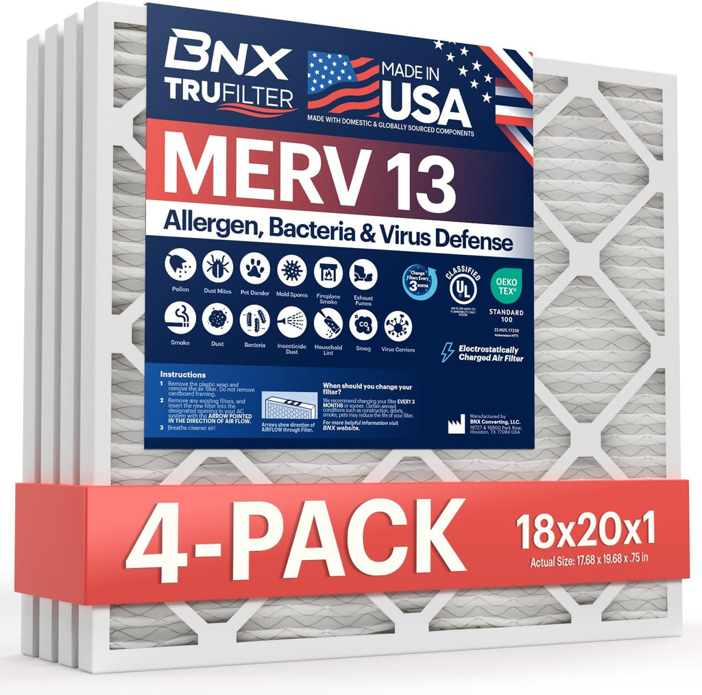 BNX TruFilter 18x20x1 Air Filter MERV 13 (4-Pack) - MADE IN USA - Electrostatic Pleated Air Conditioner HVAC AC Furnace Filters for Allergies, Pollen, Mold, Bacteria, Smoke, Allergen, MPR 1900 FPR 10