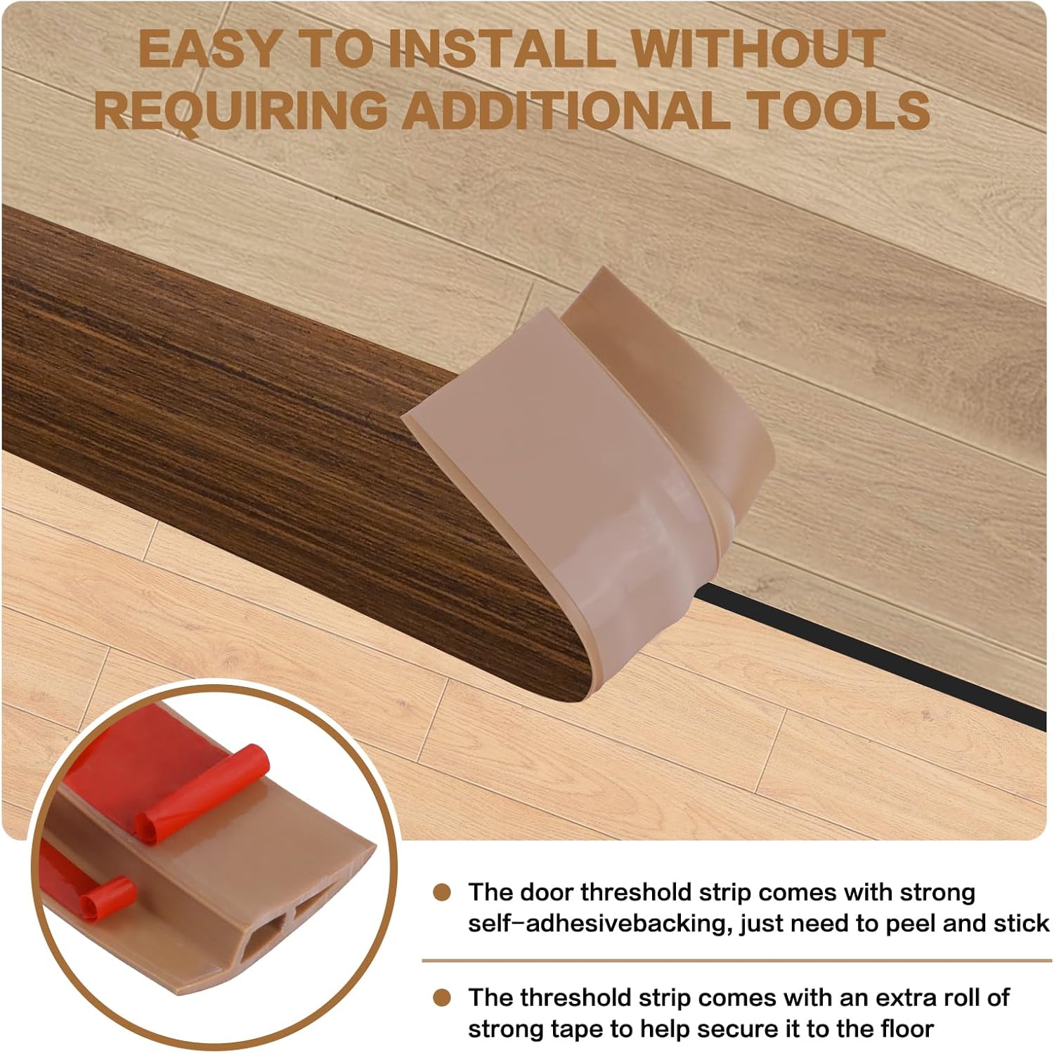 Floor Transition Strip Vinyl Door Threshold Ramp Self Adhesive Carpet Edging Strip Doorway Edge Trim, Overlap Edge Reducer for Laminate Carpet, Floor, Tile (Brown Wood Grain, 3/5" to 4/5", 6.6Ft)