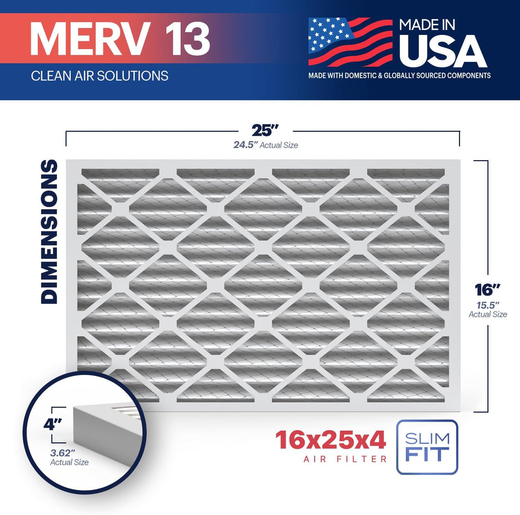 BNX TruFilter 16x25x4 (15.5’’ x 24.5’’ x 3.63‘’ Slim Fit) MERV 13 Air Filter (2-Pack) - MADE IN USA - Air Conditioner HVAC AC Furnace Filters Health, Allergies, Mold, Bacteria, Smoke, MPR 1900 FPR 10
