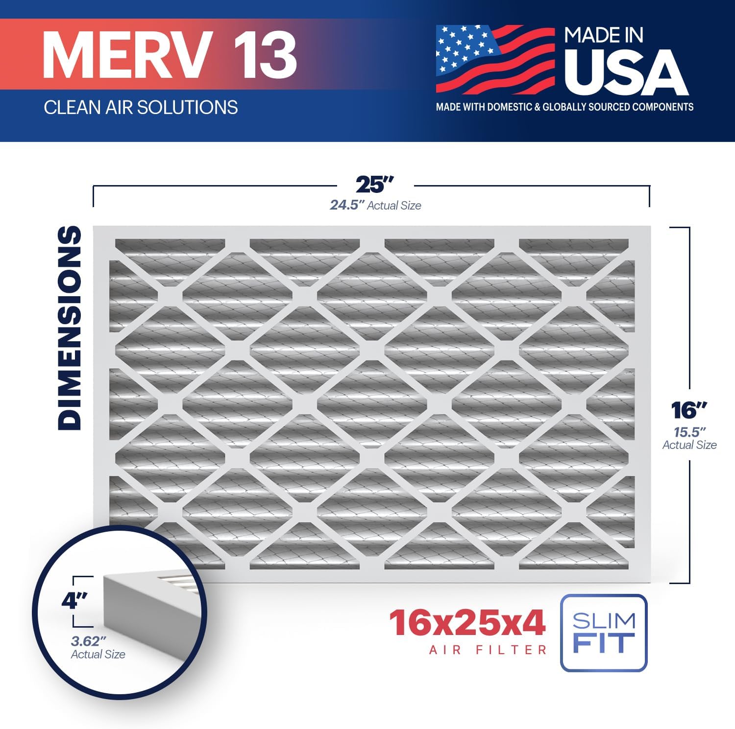 BNX TruFilter 16x25x4 (15.5’’ x 24.5’’ x 3.63‘’ Slim Fit) MERV 13 Air Filter (2-Pack) - MADE IN USA - Air Conditioner HVAC AC Furnace Filters Health, Allergies, Mold, Bacteria, Smoke, MPR 1900 FPR 10