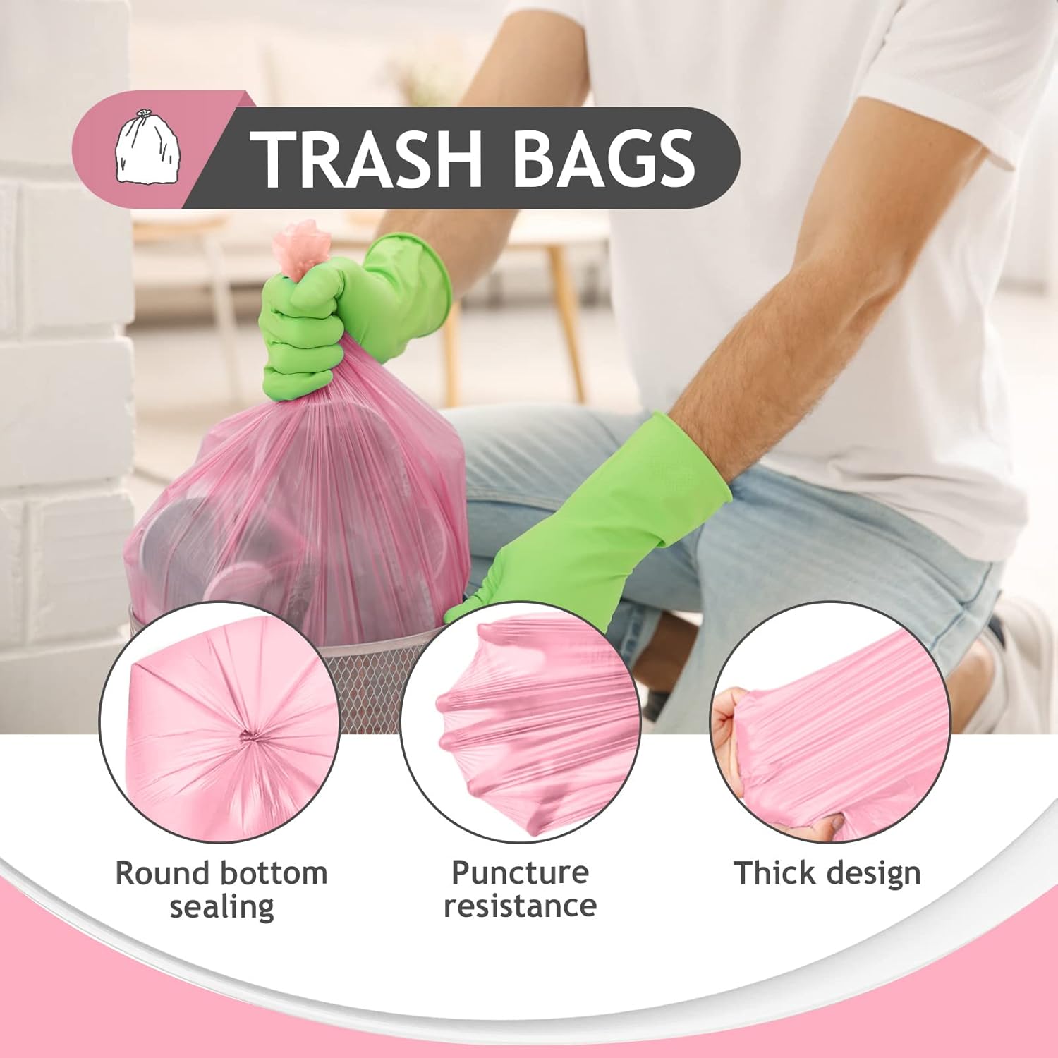 Teivio 2 Gallon 120 Counts Strong Trash Bags Garbage Bags, Bathroom Trash Can Bin Liners, Plastic Bags for home office kitchen, Pink