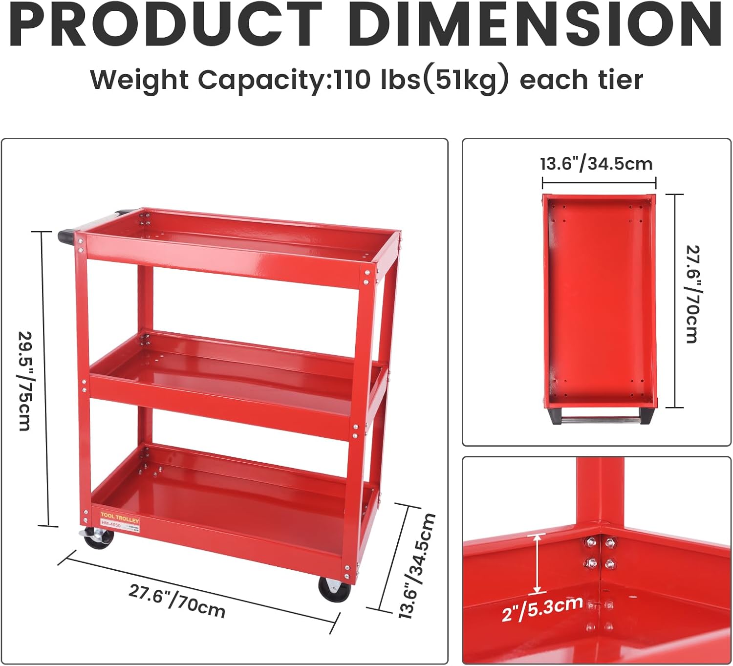 3-Tier Commercial Utility Cart with Brake Wheels, Sturdy Steel Construction, 110 lbs Capacity, Red