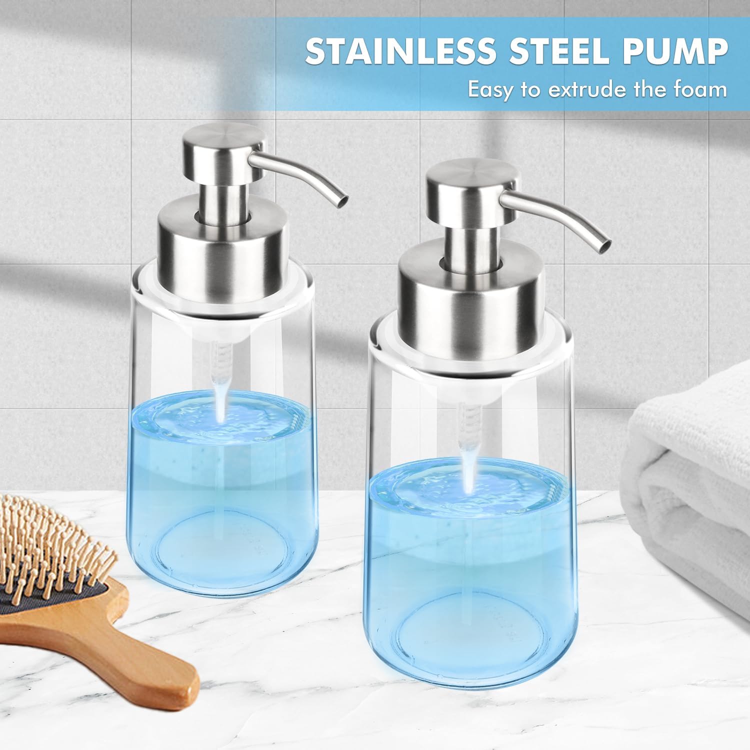 Thick Glass Soap Dispenser with Rust Proof Stainless Steel Pump, Clear Foam Soap Dispenser with Wide Opening for Kitchen and Bathroom（15 Oz）