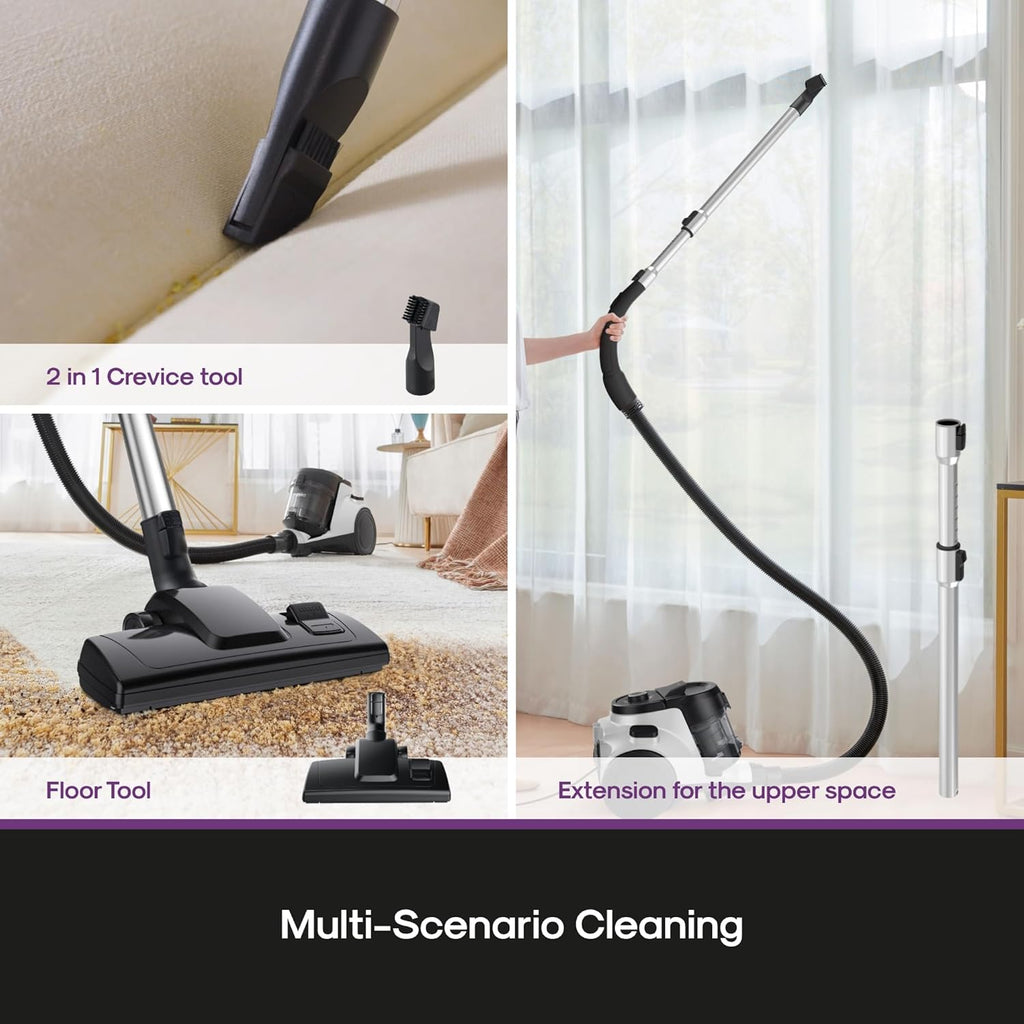 Eureka Bagless Canister Vacuum Cleaner, 1100W High Power Vacuum Cleaner for Carpets and Hard Floors HEPA Filter Extension Tube 2-in-1 Crevice Tool Floor Nozzle, NEN121WH