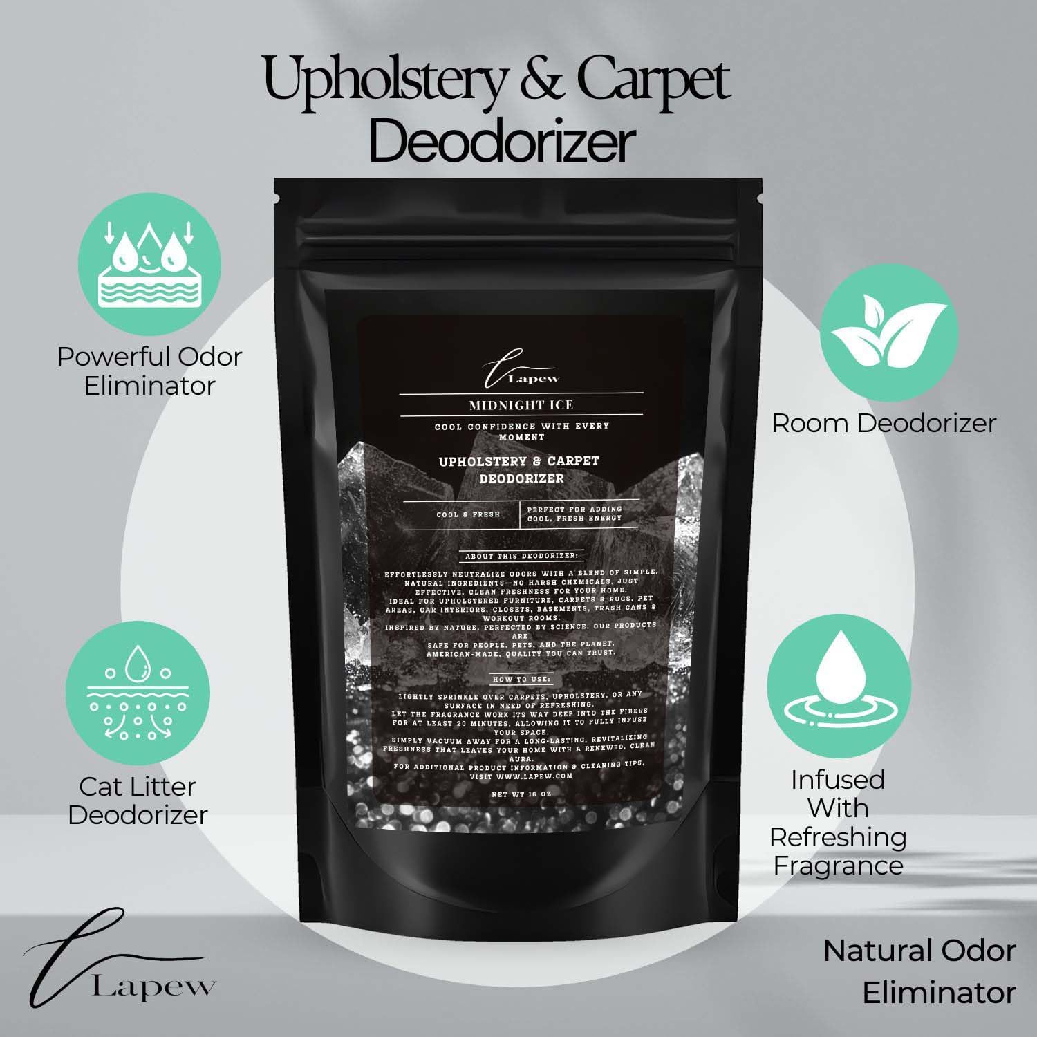 Midnight Ice Carpet Freshener Powder 16 oz | Powerful Odor Eliminator for Home | Upholstery Deodorizer | Carpet Deodorizer | Pet Urine | Cat Litter Box | Black Ice Fragrance.