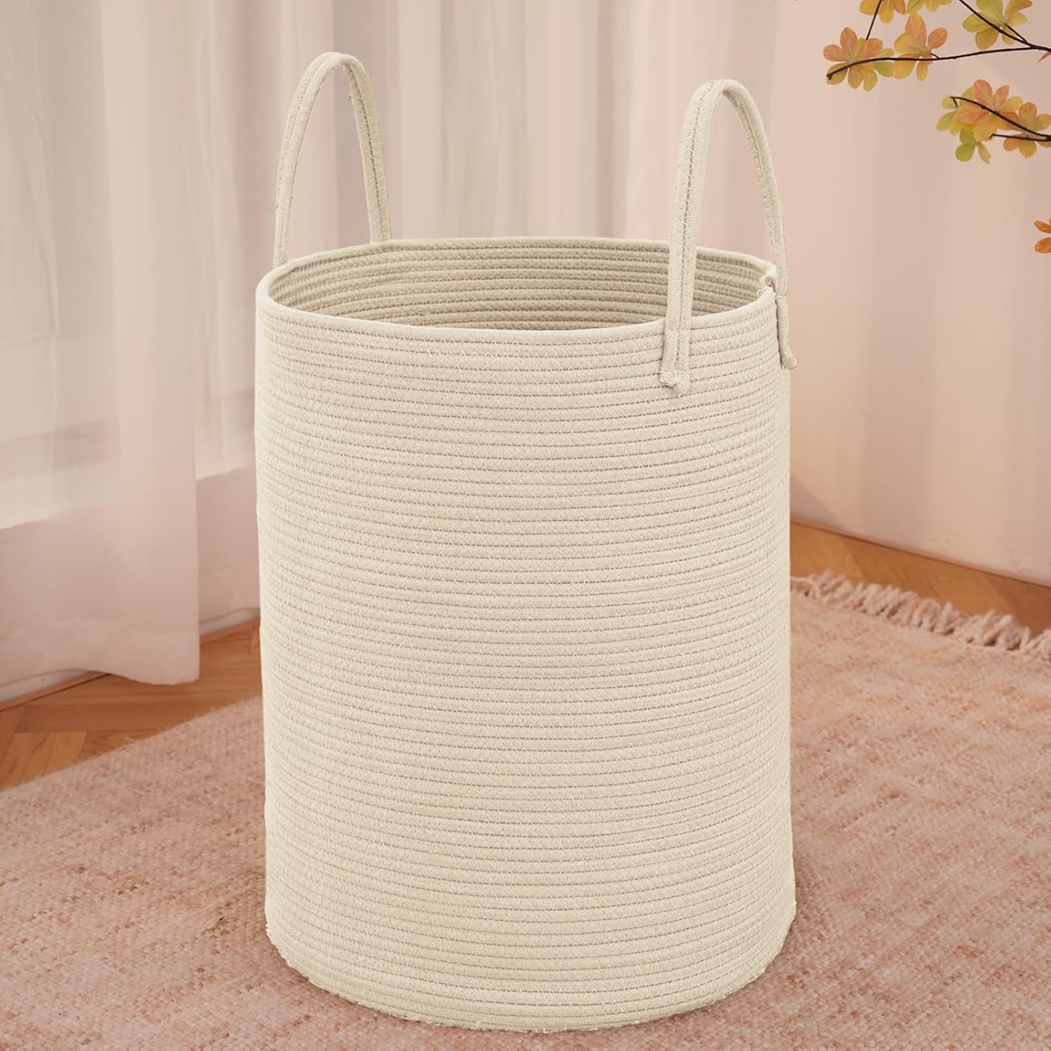 Large Woven Laundry Basket Hamper,80L Cotton Rope Storage Bin for Blankets,Toys and Clothes,Decorative Tall Nursery Hamper for Living Room,Baby Nursery,Bathroom and Bedroom,Beige