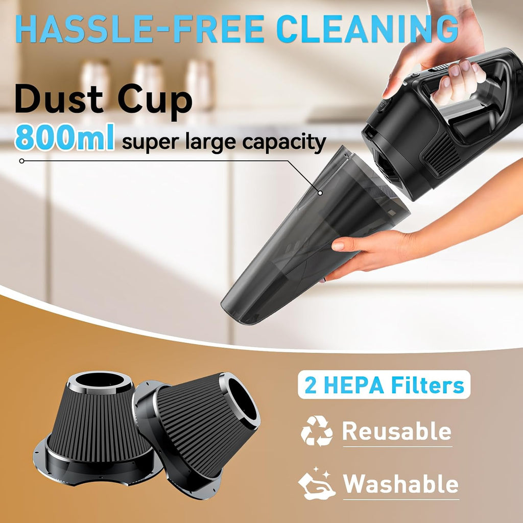 Handheld Vacuum Cordless Rechargeable with Charging Dock - 16000Pa Ultra-Strong Suction, Portable & Lightweight, Fast Charging, LED Light, 0.8L Super-Large Dust Cup, Long Battery Life for Home