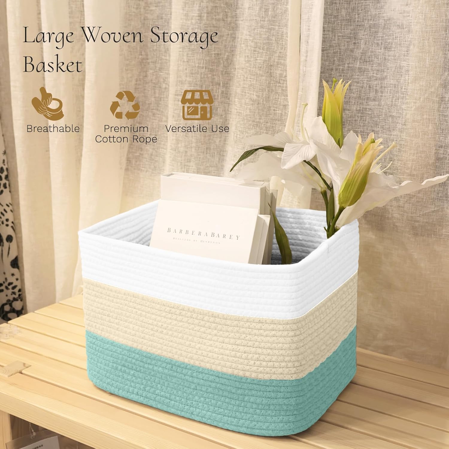 Hopegiver Woven Storage Baskets 15x11x10 Inch, 1 Pack Collapsible Cube Storage Bin for Shelves - Foldable Cotton Rope Organizer Bins for Towels, Toys, Books, Closet, Nursery (White Cream Green)