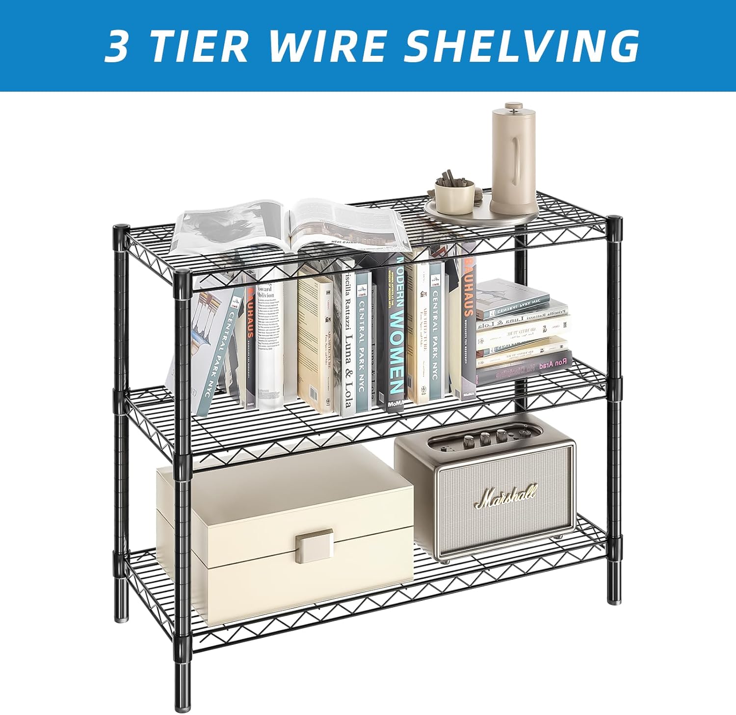 3-Shelf Adjustable Metal Shelf Wire Shelving Unit Storage Rack Display Shelf for Office,Kitchen,Bedroom,Bathroom,Laundry,Pantry Basement,Garage(Black,36" L x 14" W x 30" H)