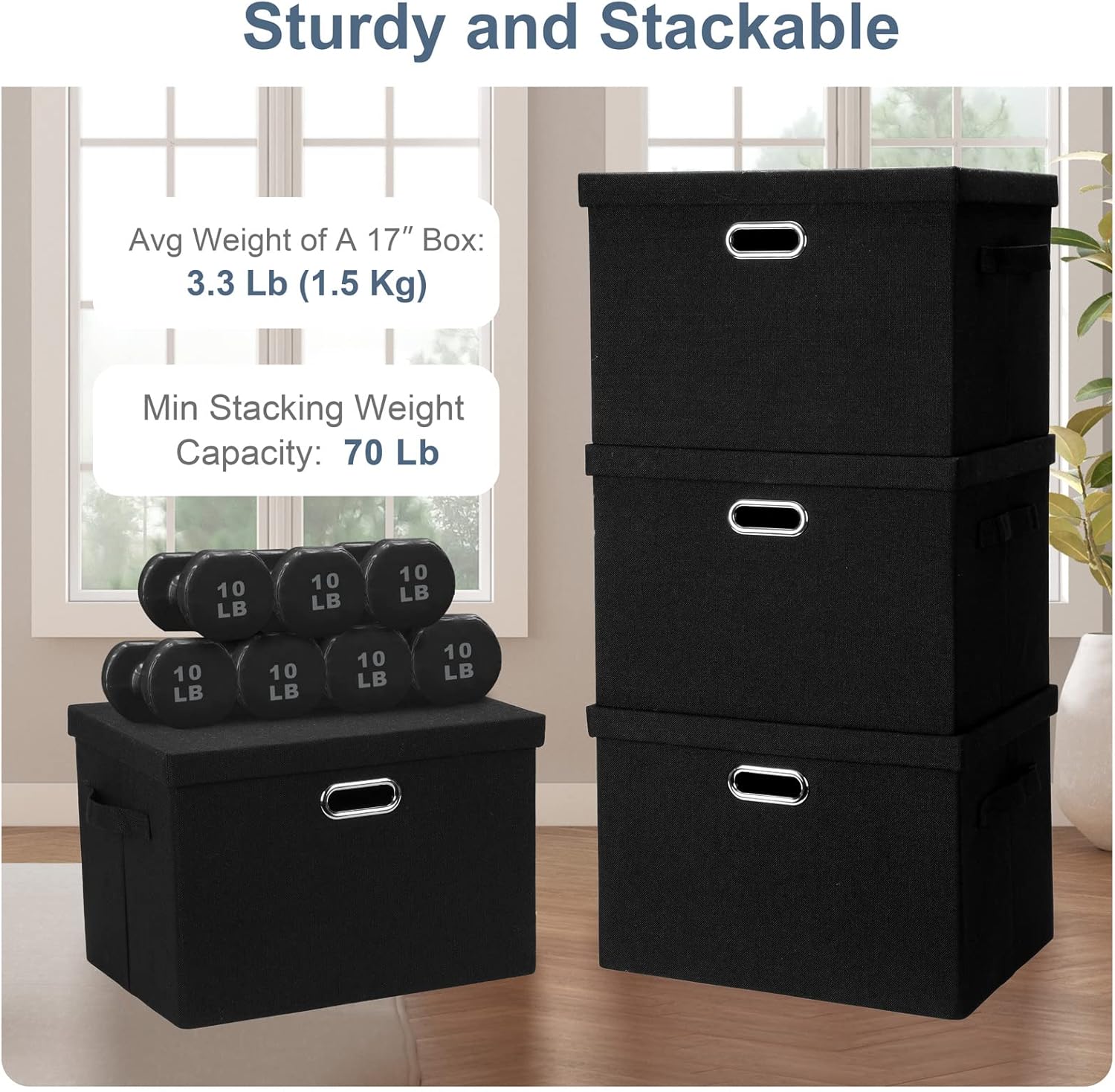 Large 17" 36 Quart Collapsible Stackable Storage Bins with Lids, 1 Pack Black Foldable Fabric Closet Storage Boxes with Lids, 4 Handles Heavy-duty Linen Cube Baskets for Bedroom