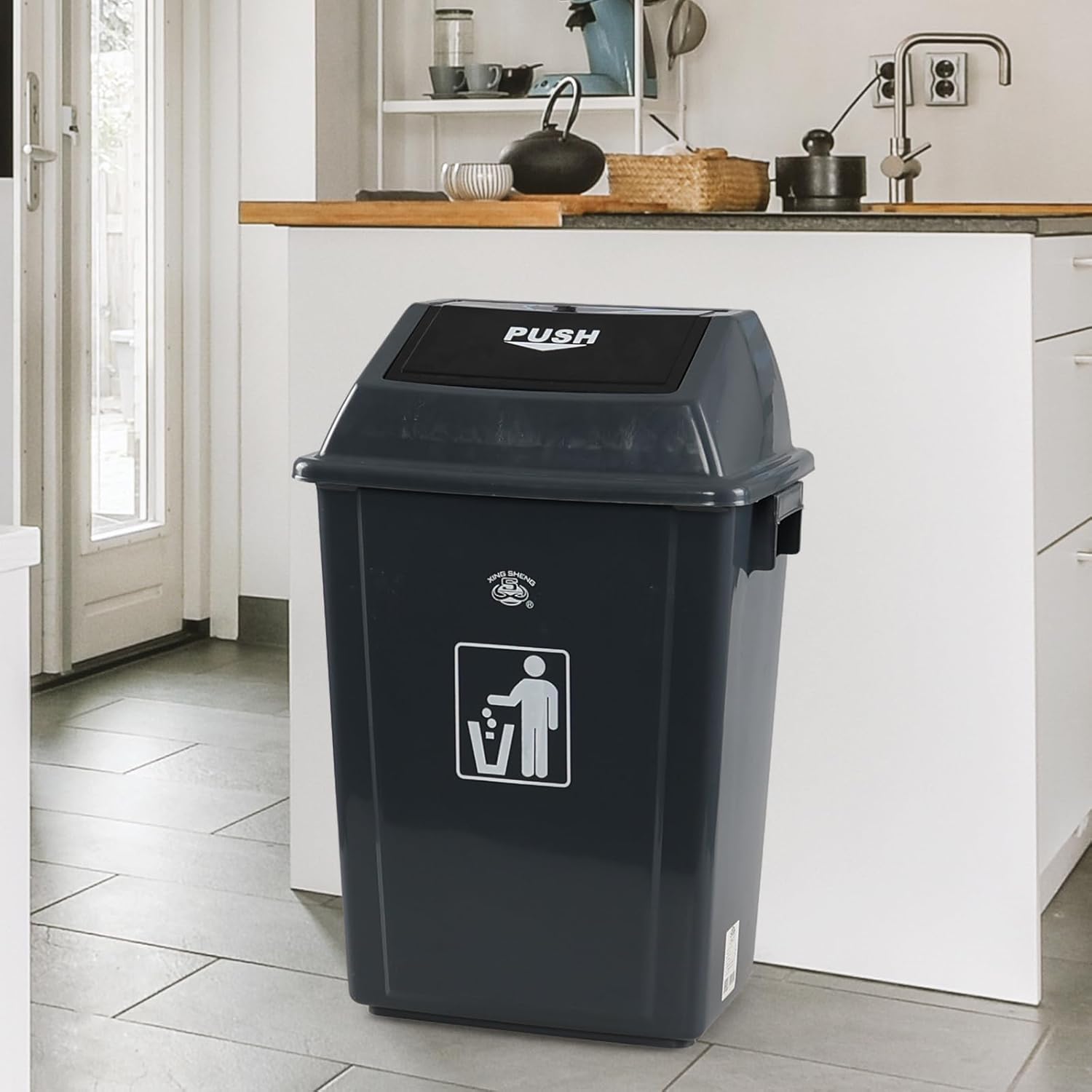 13 Gallon Plastic Swing Lid Trash Can, Outdoor Garbage Can, Grey, 4 Pack