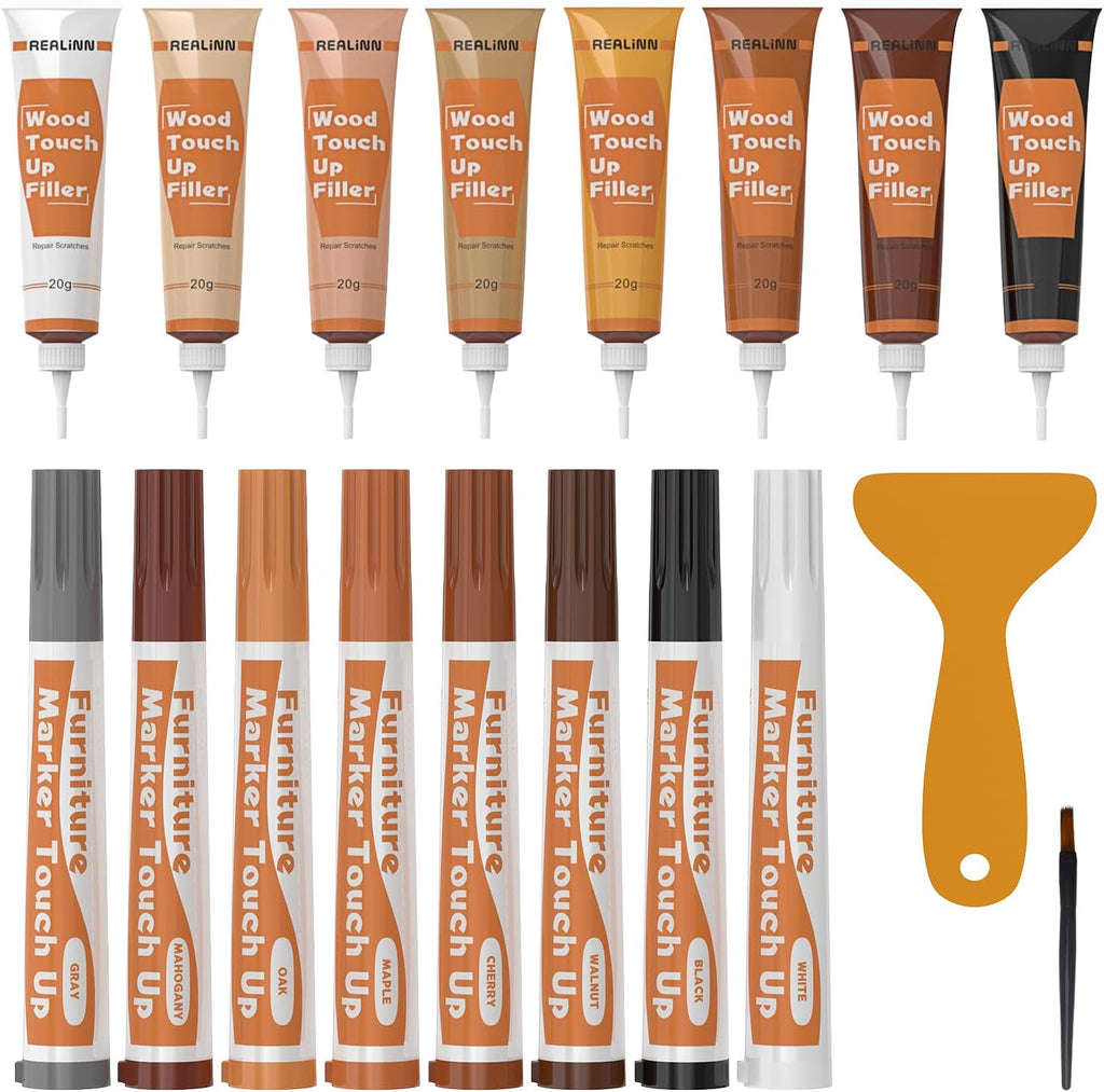 REALINN Wood Furniture Repair Kit 8 Light Colors- Wood Fillers and Touch Up Markers, Repair Scratch, Cracks, Discoloration for Wooden Door, Floor, Table, Cabinet