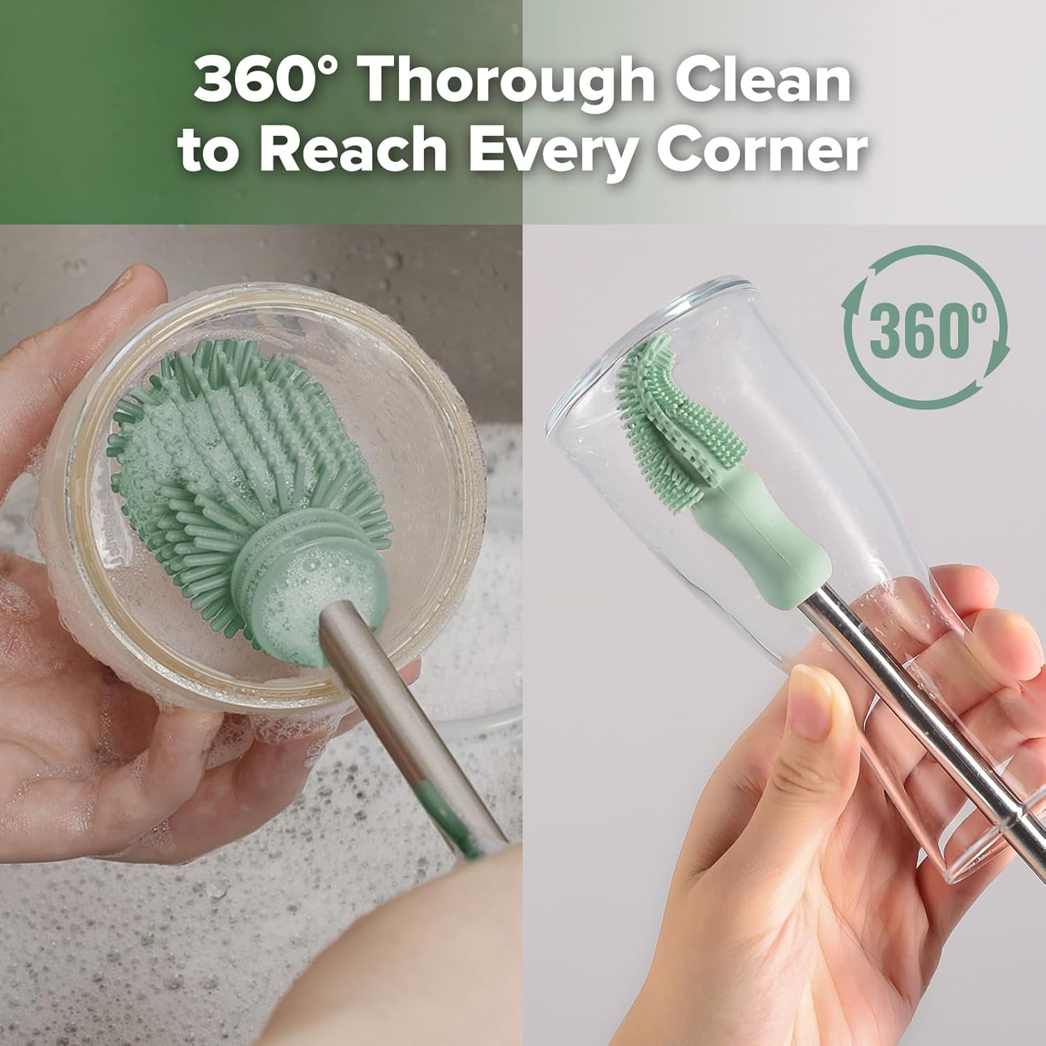 haakaa Silicone Cleaning Brush Kit - Baby Bottle Brush Cleaner for Breast Pump,Nipple,Breast Milk Storage Bag,Reusable Straw,Sippy Cup - Food Grade Silicone Bristles, Portable - 3 Pcs - Pea Green