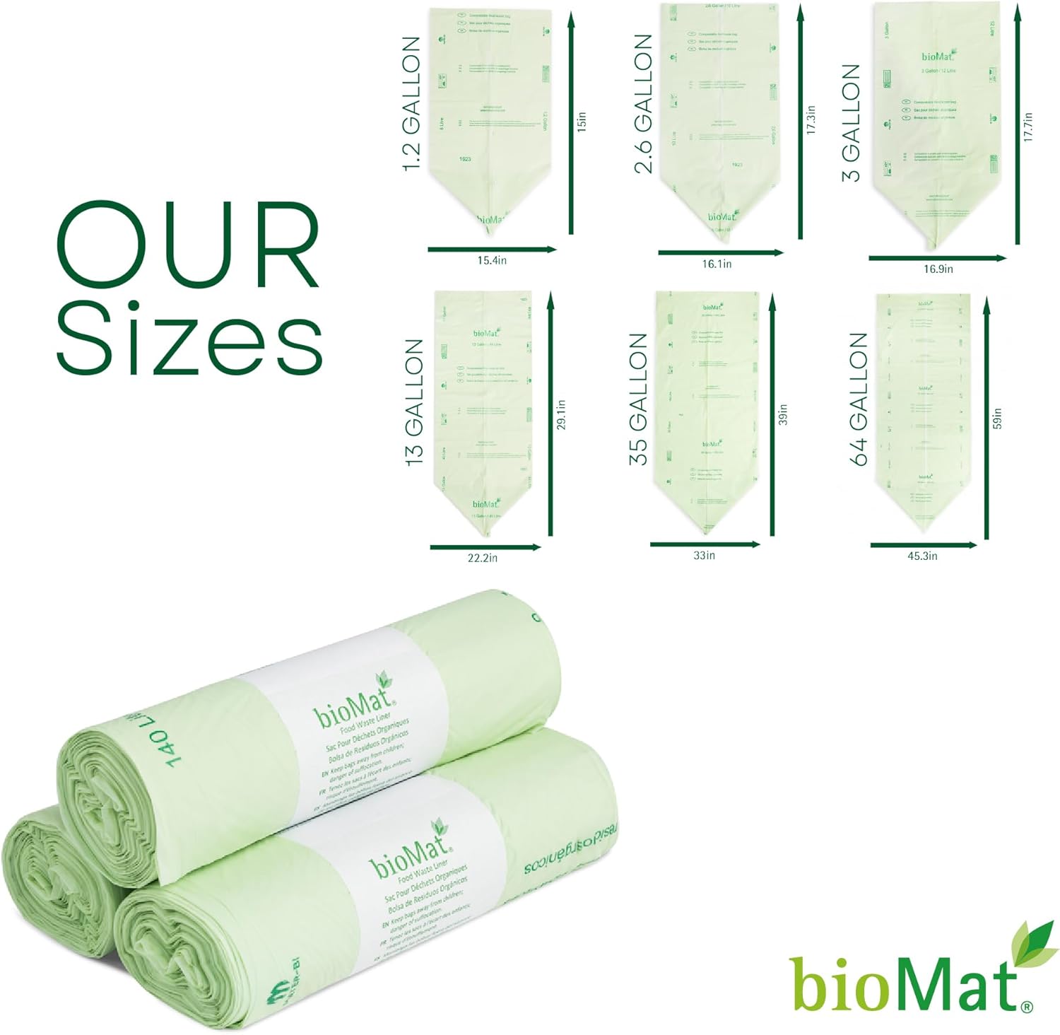 bioMat 3 Gallon Compost Bags with Handle Ties, 125 Count, Compostable Trash Bags BPI ASTM D6400 and CMA Certified