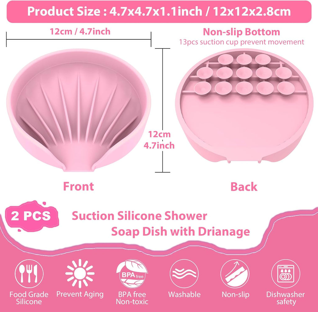 Self Draining Soap Dish, Silicone Suction Cup Soap Holder Tray Savers Container Sponge Holder for Bar Bathroom Shower Kitchen Sink, Can Extend Soap Life (2, Pink)
