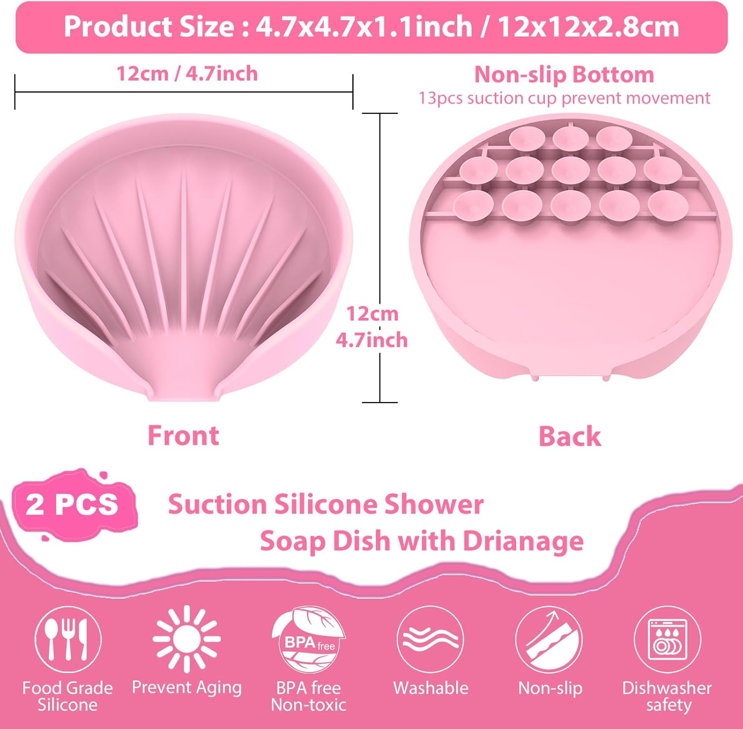 Self Draining Soap Dish, Silicone Suction Cup Soap Holder Tray Savers Container Sponge Holder for Bar Bathroom Shower Kitchen Sink, Can Extend Soap Life (2, Pink)