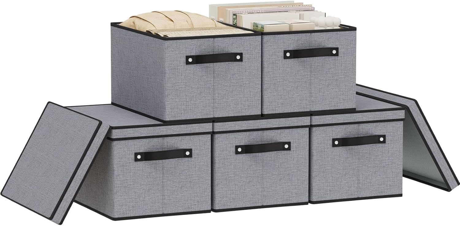 Clothing Storage Bins, Blanket Baskets for Shelves, Fabric Cubes with Handles and Lids, Decorative Linen Closet Organizers Boxes, Gray, 5 Pack, 16.5 x 11.8 x 10.2 Inch