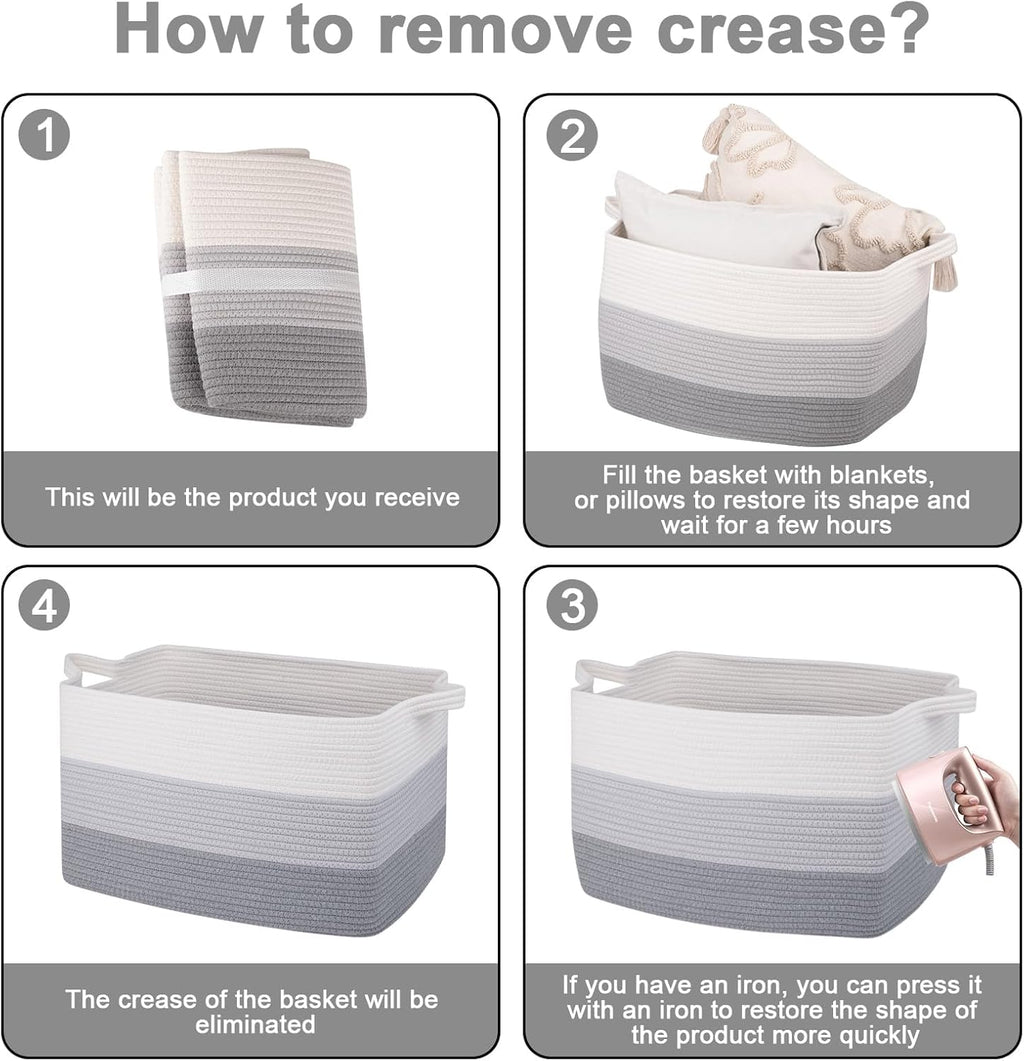 OIAHOMY Rectangle Woven Storage Basket - Nursery Cotton Rope Baskets for Storage, Toy Basket Organizing for Living Room, 17.7"x13.8"x11"- Pack of 3 - Gradient Gray