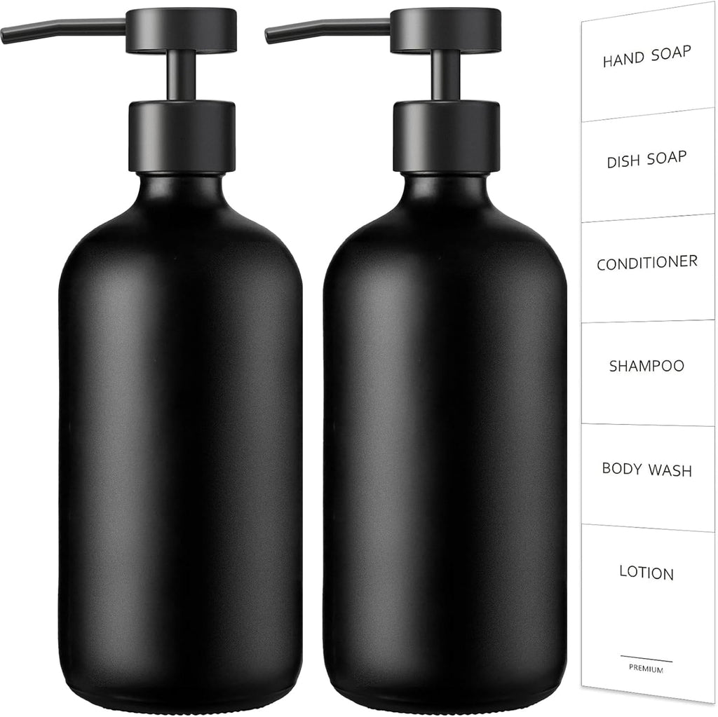 GMISUN Black Soap Dispenser, 2 Pack Matte Black Hand Soap Dispensers for Bathroom, 17 Fl Oz Glass Dish Soap Dispenser for Kitchen with Stainless Steel Pump, Modern Liquid Soap Bottle Set