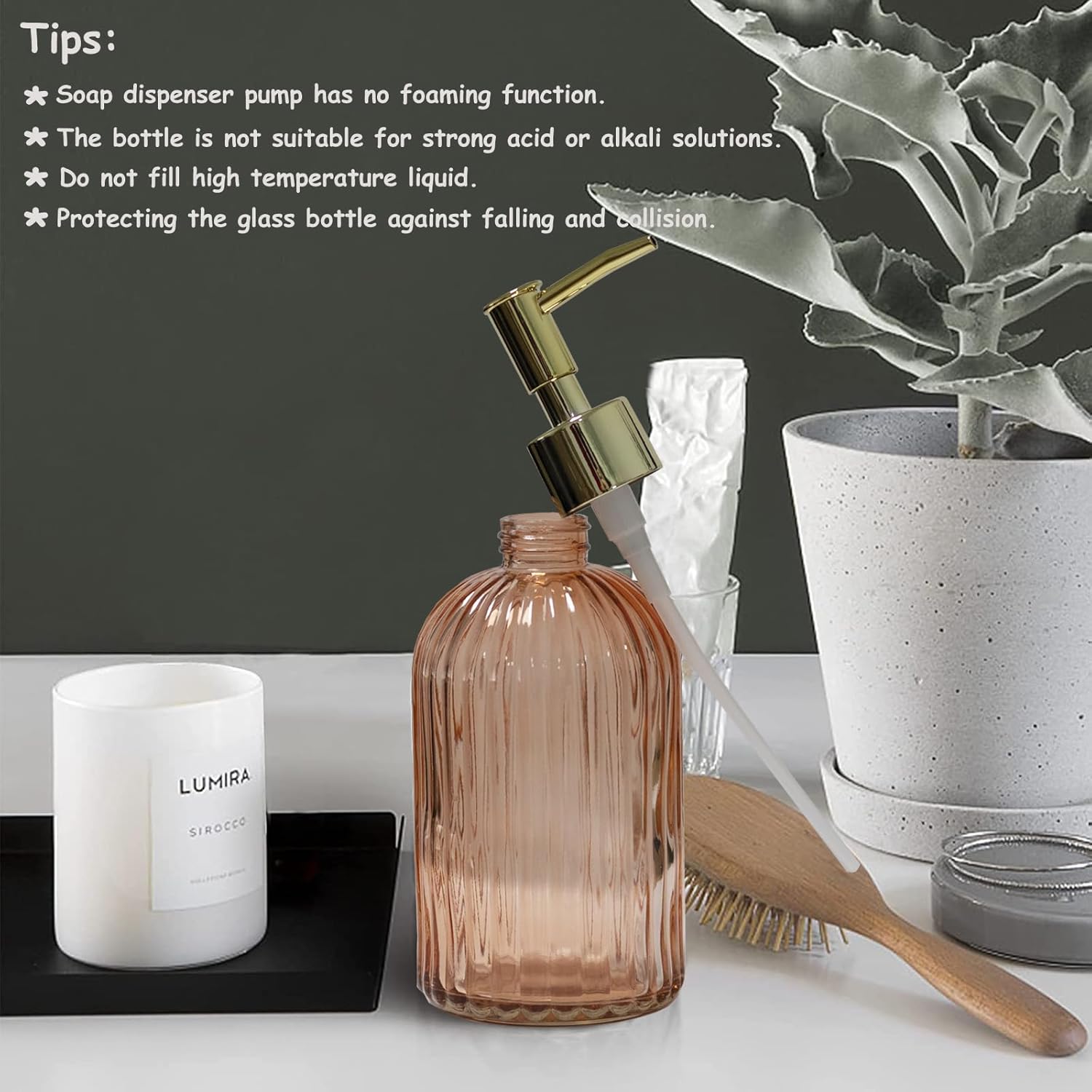 Glass Soap Dispenser with Gold Plastic Pump, 13.5oz Refillable Liquid Hand Soap Dispenser, Crystal Lotion Bottle for Modern Home Decor, Bathroom, Kitchen Countertop, Hotel(Orange)