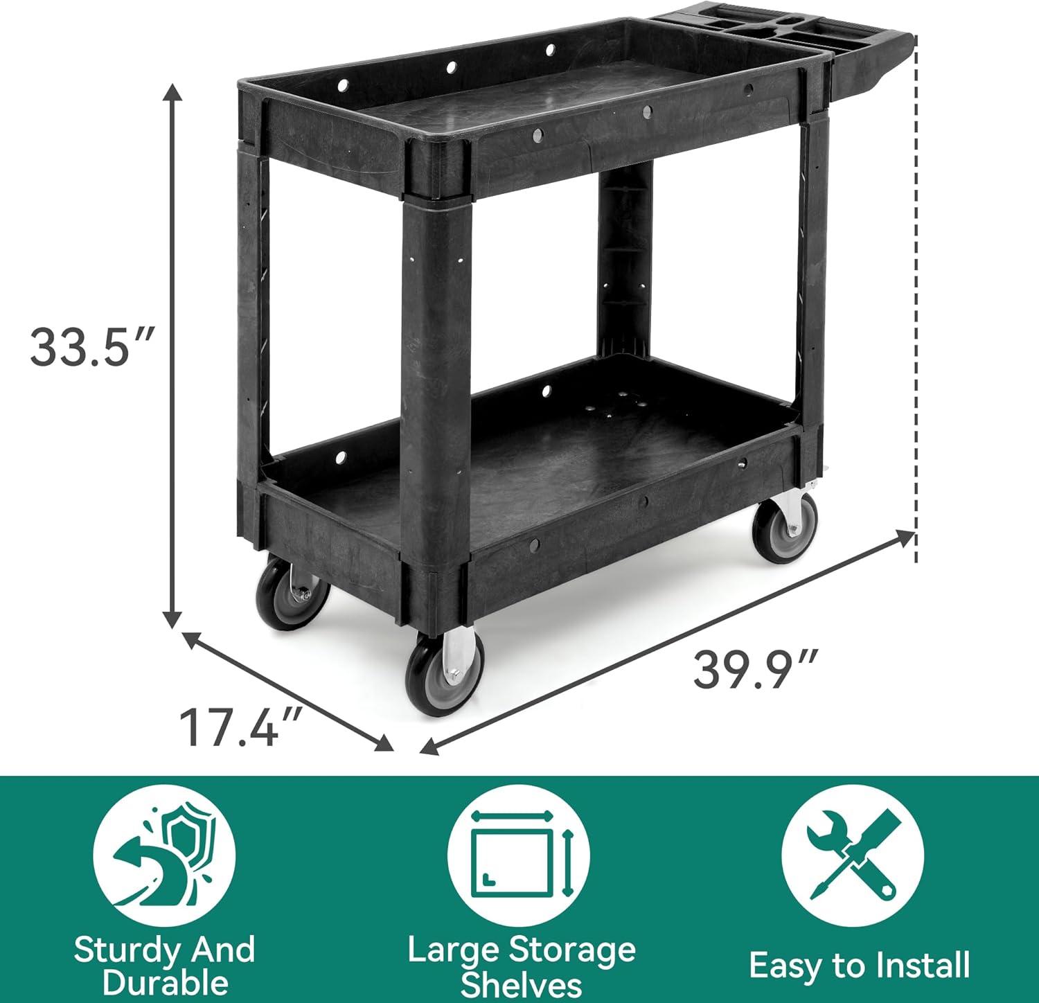 YITAHOME Utility Cart on Wheels, Plastic Tool Cart 550 lbs Capacity Service Cart, 40 x 17 Inch 2 Shelf Extra Heavy Duty Rolling Work Carts for Warehouse, Garage, School & Office, Cleaning, Black