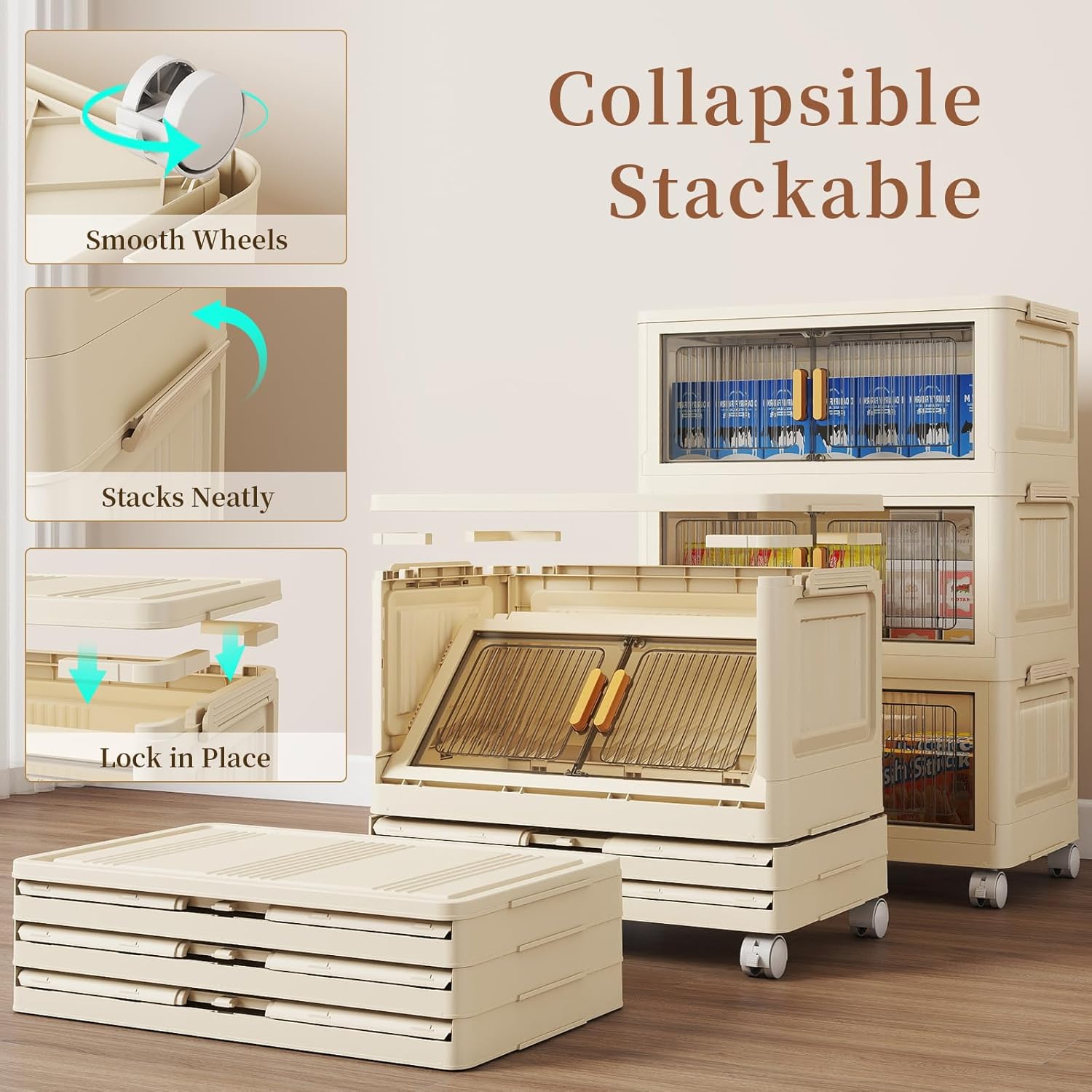 3 Tier Stackable Plastic Storage Bins with Lids 48QT, Collapsible Closet Organizers and Storage with Wheels for Living Room,Office,Dorm