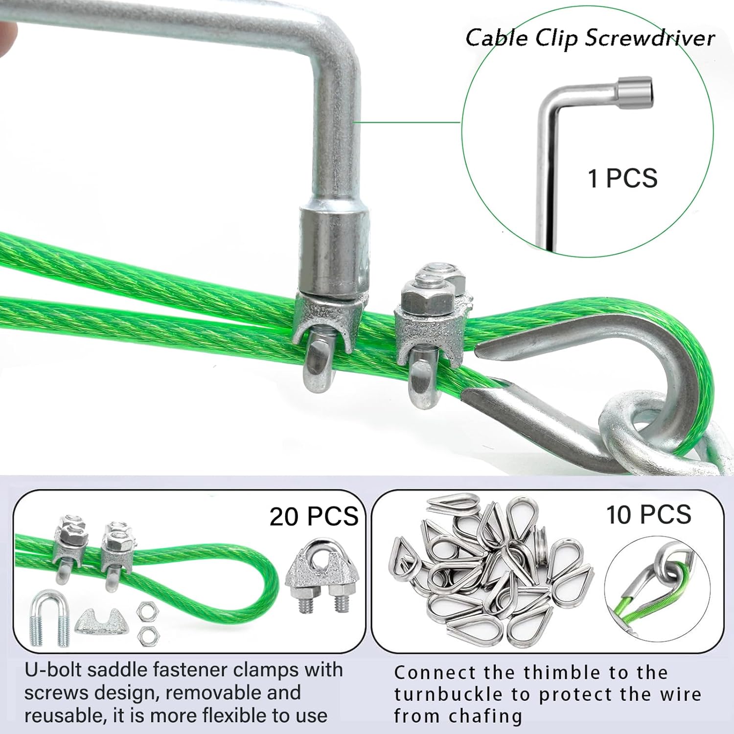 1/8" Wire Rope, 100 Ft PVC Coated Wire Cable Metal Steel Cable Trellis Kit, Multi-use Clothes Line for T Post/Climbing Grapevines Plants Outdoor/String Light Hanging Kit