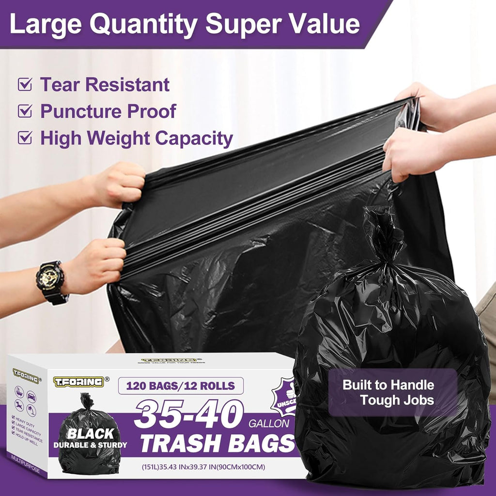 35-40 Gallon Black Trash Bags 120 Count - 35" x 40" Large Garbage Bags, 30+ Gallon Strong Trash Can Liners for Home, Commercial Use,Yard Waste, Bulk