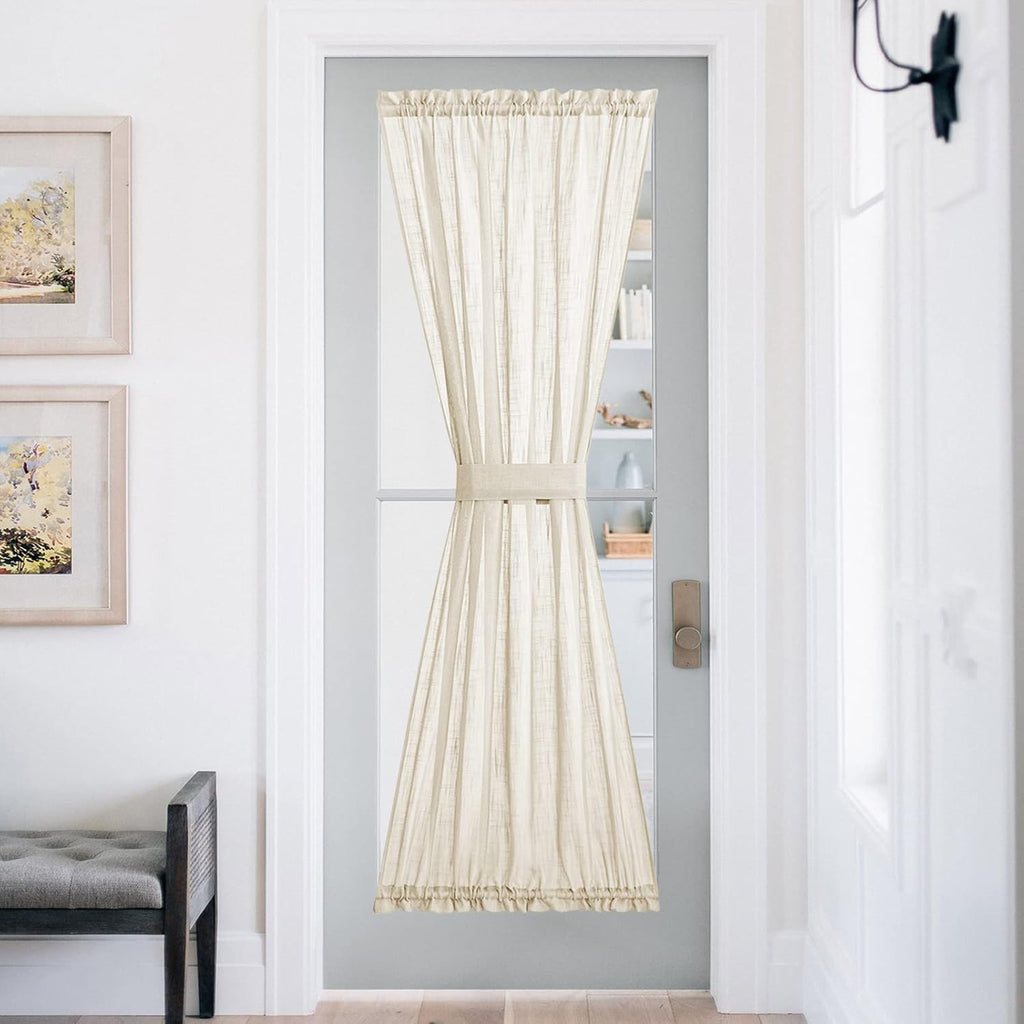 NICETOWN Privacy Door Curtain - Linen Textured French Front Door Curtain Semi Sheer Panel Tieback for Kitchen (52 inches W x 72 inches L, Beige, 1 Panel)