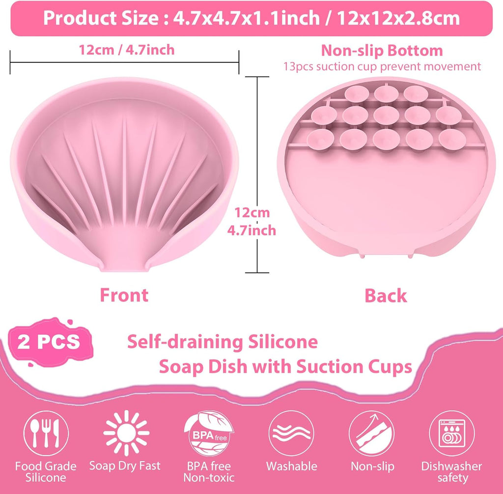 Self Draining Soap Dish, Silicone Suction Cup Soap Holder Tray Savers Container Sponge Holder for Bar Bathroom Shower Kitchen Sink, Can Extend Soap Life (1, Pink)