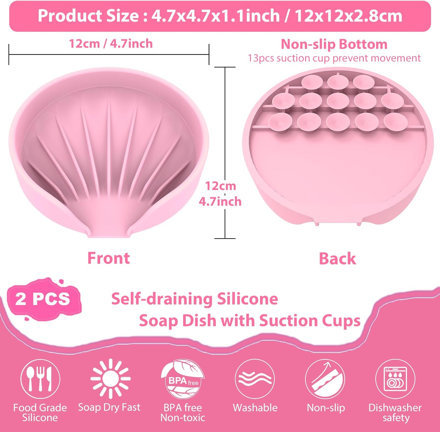 Self Draining Soap Dish, Silicone Suction Cup Soap Holder Tray Savers Container Sponge Holder for Bar Bathroom Shower Kitchen Sink, Can Extend Soap Life (1, Pink)
