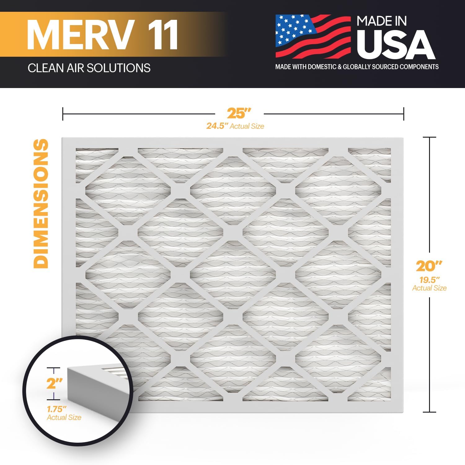 BNX TruFilter 20x25x2 Air Filter MERV 11 (4-Pack) - MADE IN USA - Allergen Defense Electrostatic Pleated Air Conditioner HVAC AC Furnace Filters for Allergies, Dust, Pet, Smoke, Allergy MPR 1200 FPR 7