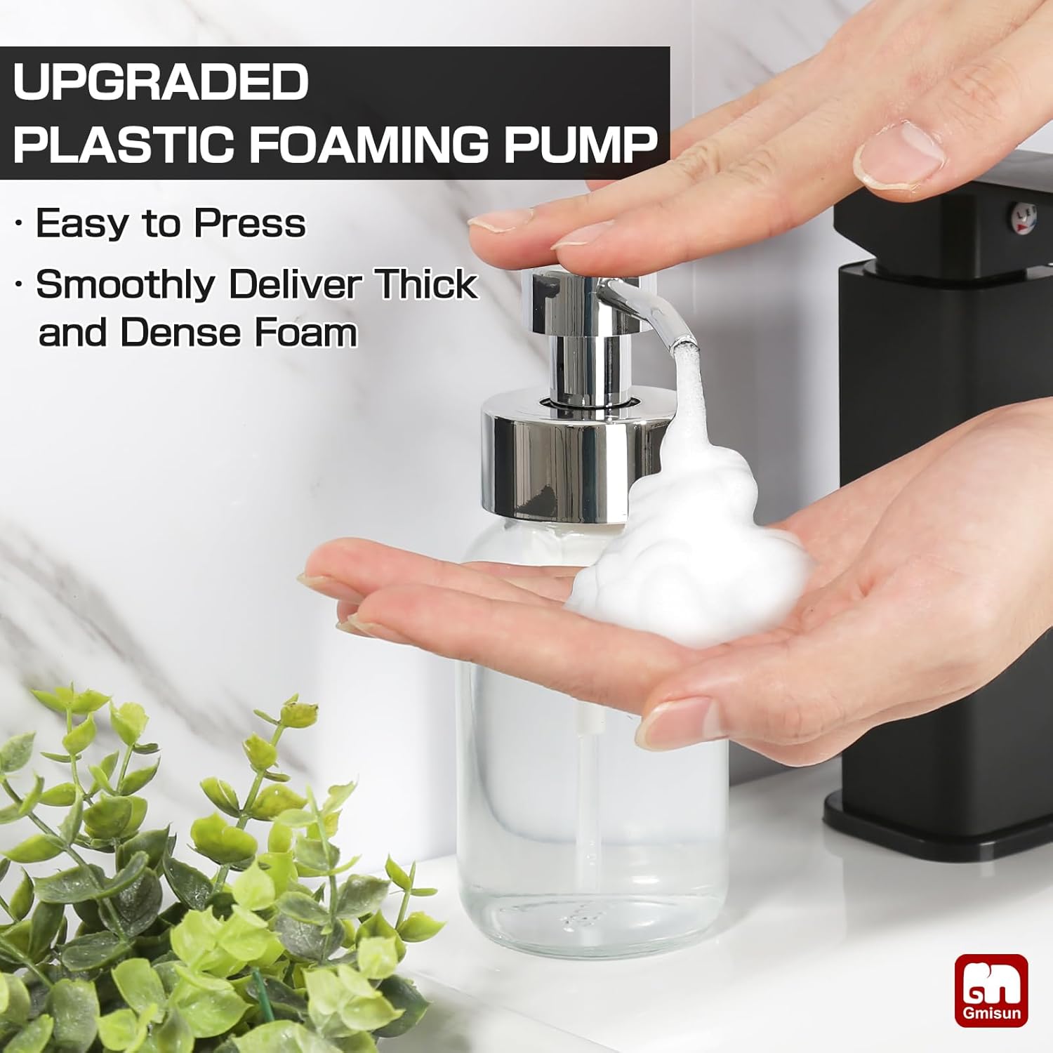 GMISUN Foaming Soap Dispenser, 2 Pcs 8.5 Fl oz Clear Glass Soap Dispenser, Modern Hand Soap Dispensers for Bathroom & Kitchen, Refillable Foam Soap Dispensers with Silver Pumps & Waterproof Labels