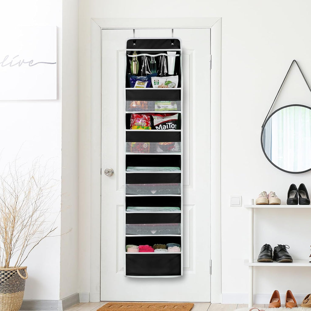 Univivi 6-Shelf Over Door Hanging Organizer Fabric Baby Door Storage with 5 Large Pockets and 3 Small PVC Pockets Wall Mount Hanging Storage Organizers for Baby Essential (Black)