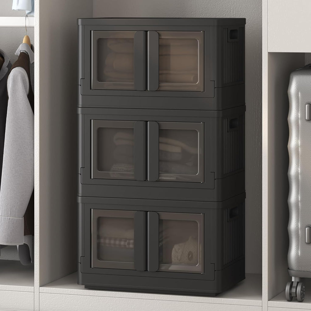 FLEXIMOUNTS 110 QT Stackable Storage Bins With Lids, Collapsible Plastic Storage Bins With Doors and Built-in Wheels For Home Dorm Closet Organizers and Storage, 3 Pack Cubes, Black