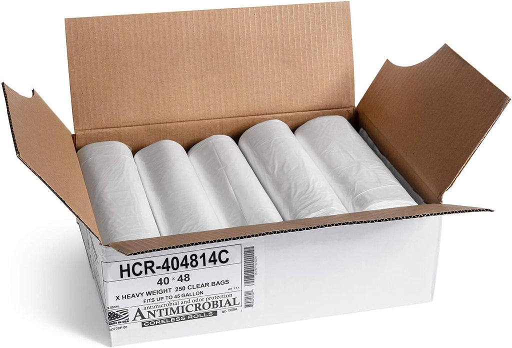 Aluf Plastics High Density Trash Bags, 45 Gallon, 250 Count, 14 Micron (eq), 40" x 48", Clear, for Bathroom, Office, Industrial, Commercial, Janitorial, Municipal, Recycling