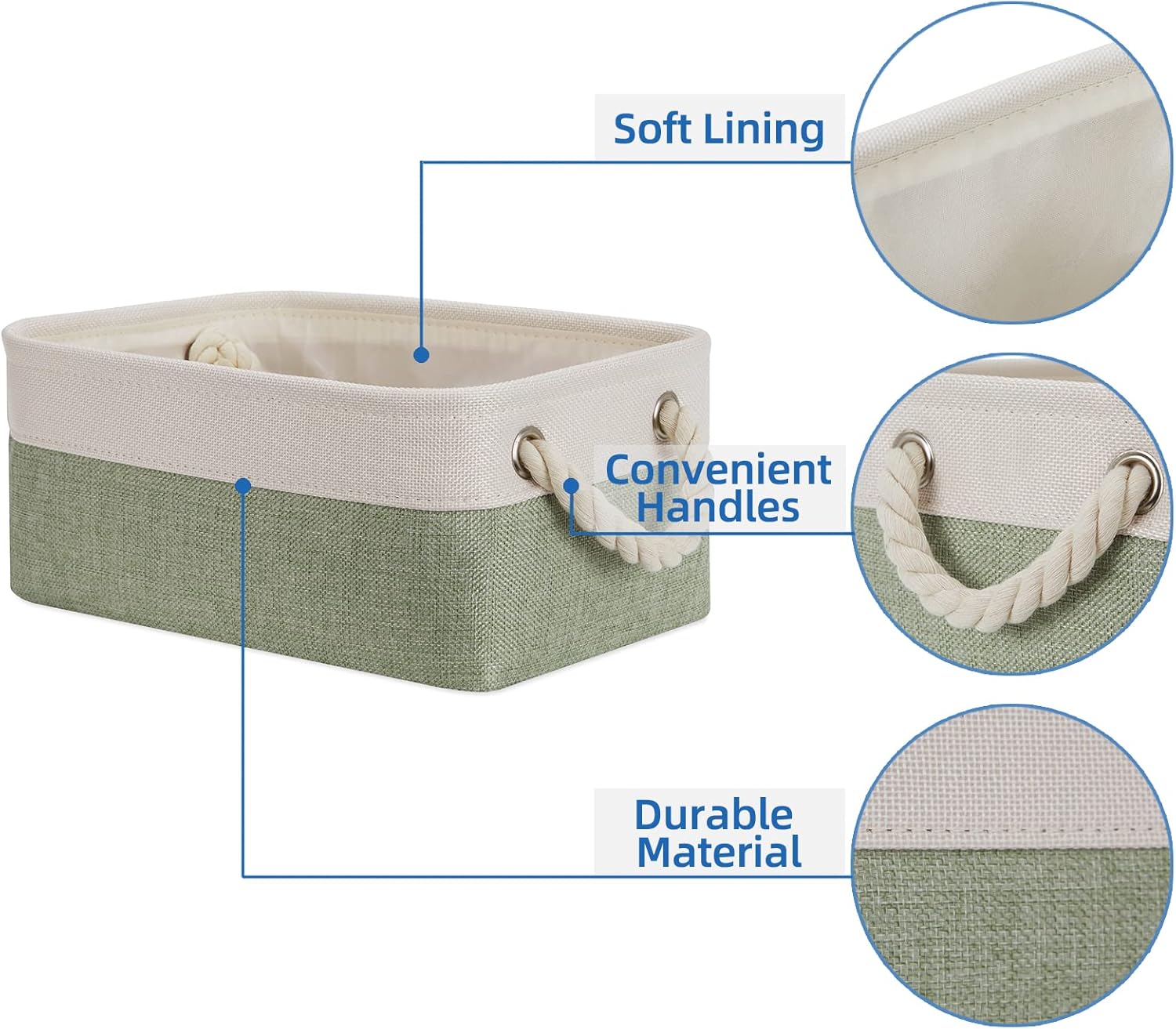 Temary Small Storage Baskets Small Fabric Bins for Closet, 6 Pack Decorative Storage Boxes with Rope Handles for Organizing Clothes, Canvas Storage Basket(White&Green,11.8L x 7.9W x 5.3H inches)