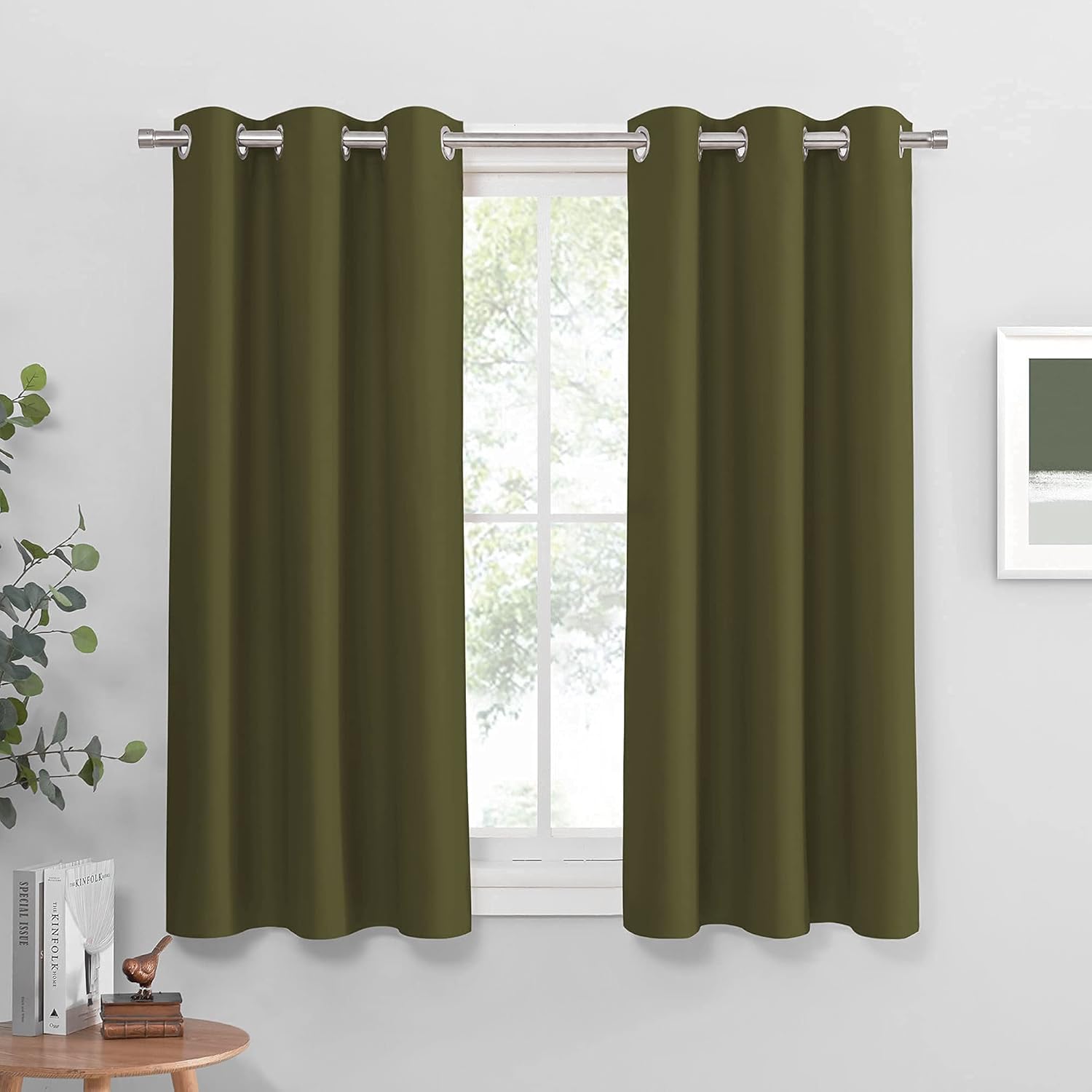 PONY DANCE Bedroom Curtains Blackout - Thermal Drapes Heavy Duty Light Blocking Shandes Grommet Top Window Treatments Cover Noise Reducing, W 42 x L 45 in, Olive Green, 2 PCs