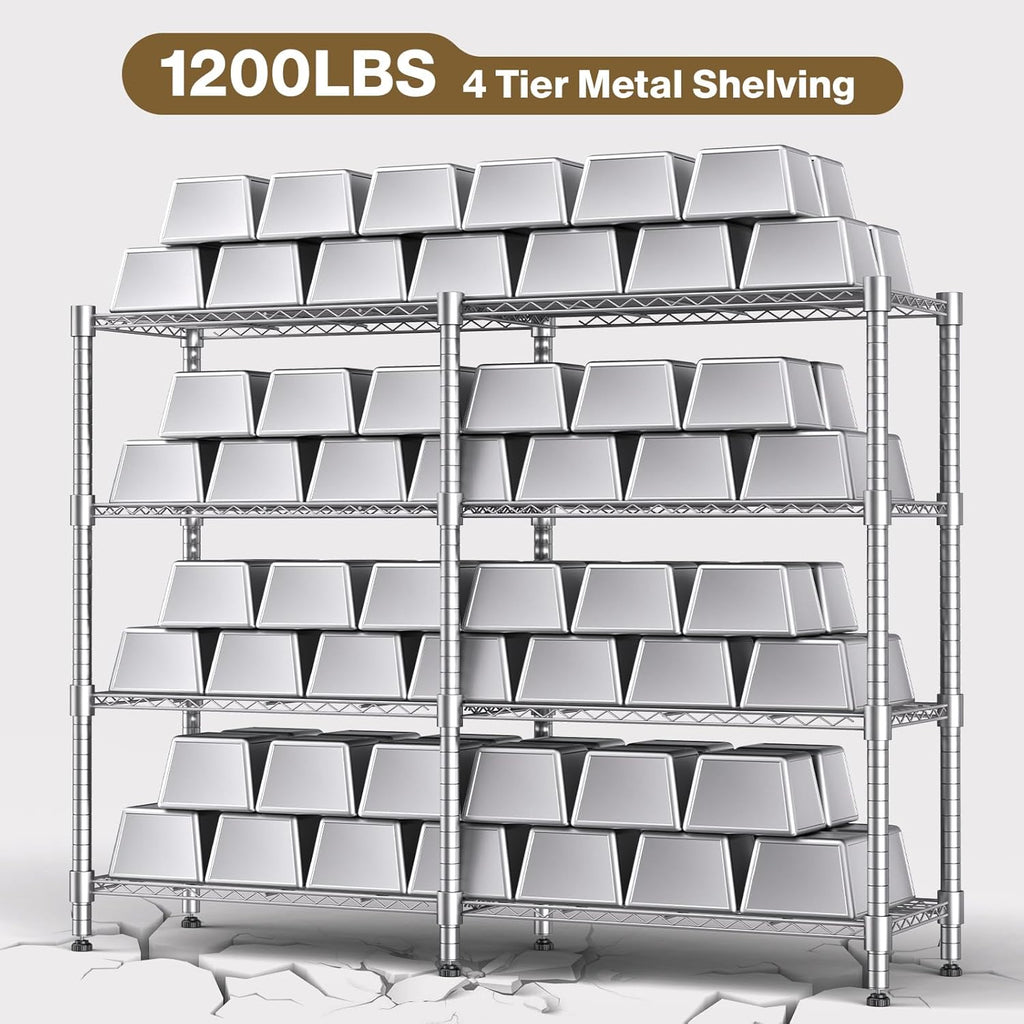 Himimi 4-Tier Heavy Duty Metal Storage Rack, 1200LBS Adjustable Wire Shelving for Storage, Standing Storage Shelf Units for Kitchen Garage Pantry Laundry, 60" W x 14" D x 60" H, Silver