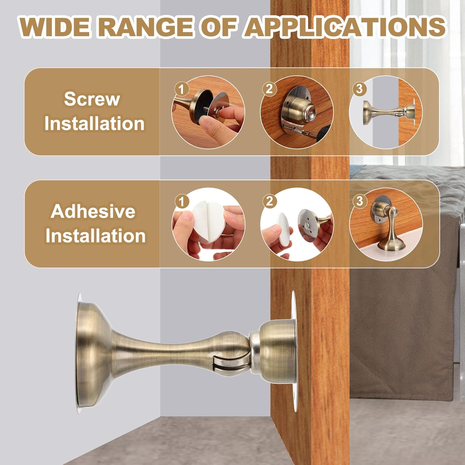 MECCANIXITY Magnetic Door Stoppers Stainless Steel Door Stops, Wall Floor Mounted Doors Holder Keep Doors Open for Home Office Closet (Golden Bronze)