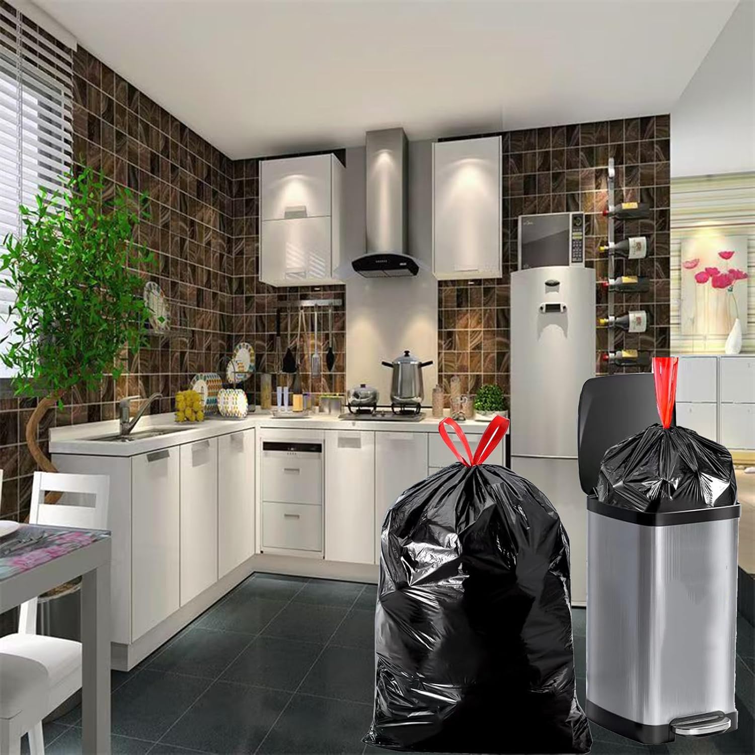 Large Black Trash Bags 20-21 Gallon Drawstring Garbage Bags,Measuring 28x 33.8 inches,Heavy Duty Plastic Garbage Bags for Household Kitchen Office Restaurant Thickened Stretchy (60 Count)