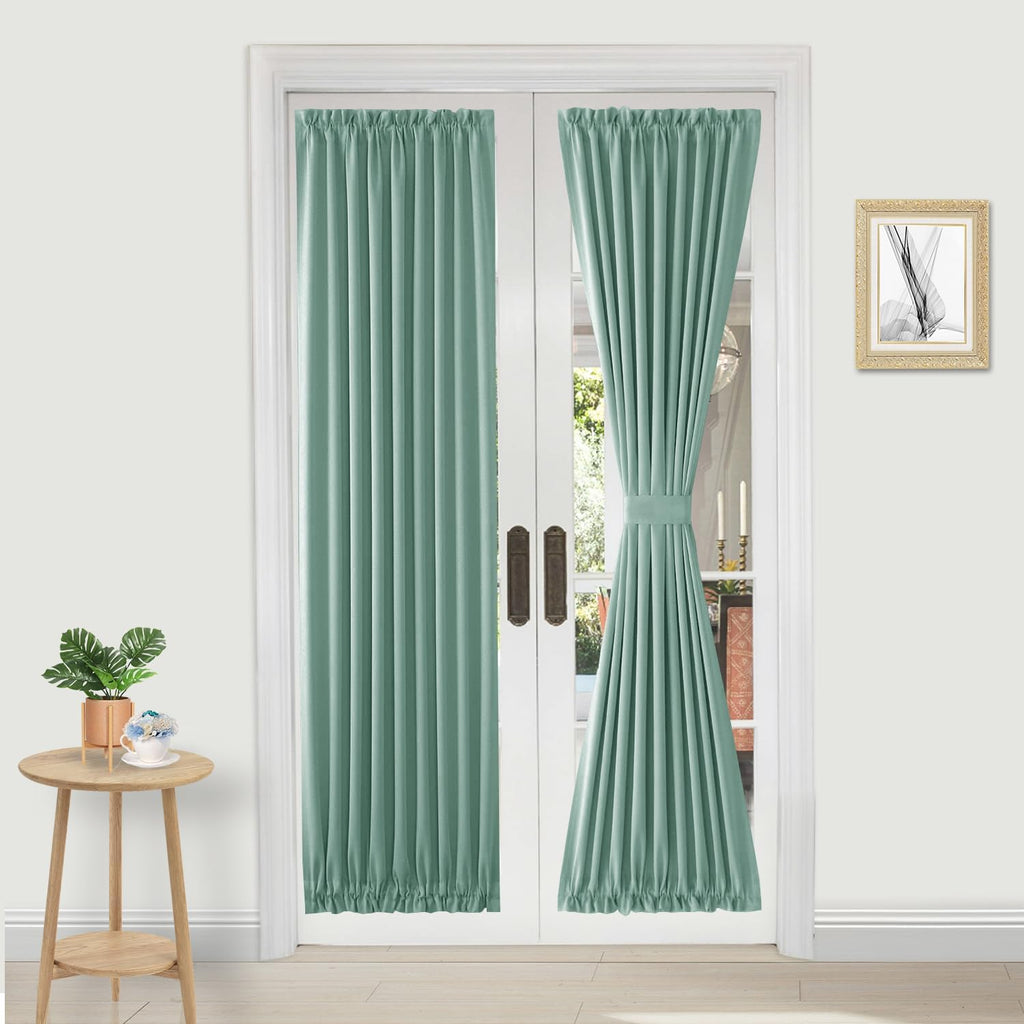 DWCN French Door Curtains – Rod Pocket Thermal Blackout Curtain for Doors with Glass Window, Kitchen and Patio Doors for Privacy, 36 X 72 Inches Long, 1 Curtain Panel with Tieback, Light Sage
