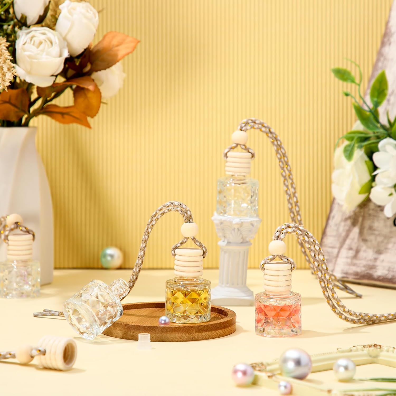 BBTO 50 Pcs Hanging Car Air Freshener Car Diffuser Bottles Empty Glass Perfume Bottle Freshener Diffuser Bottle Pendant for Essential Oil Fragrance Aromatherapy Bottle Ornament(Diamond)