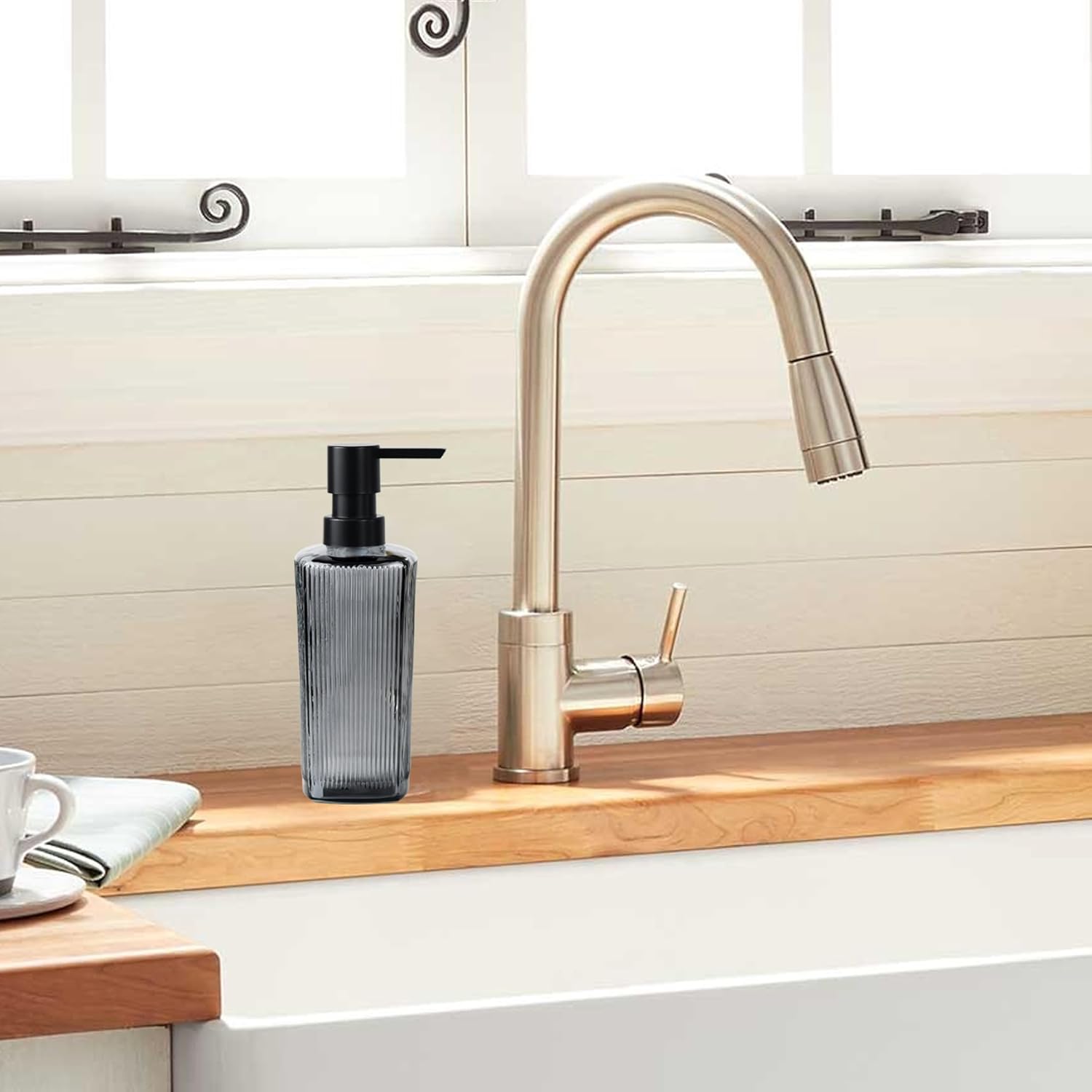 12 oz Glass Soap Dispenser with Vertical Stripe with Black Plastic Rustproof Pump, Small Refillable Soap Dispenser for Kitchen and Bathroom (Grey)