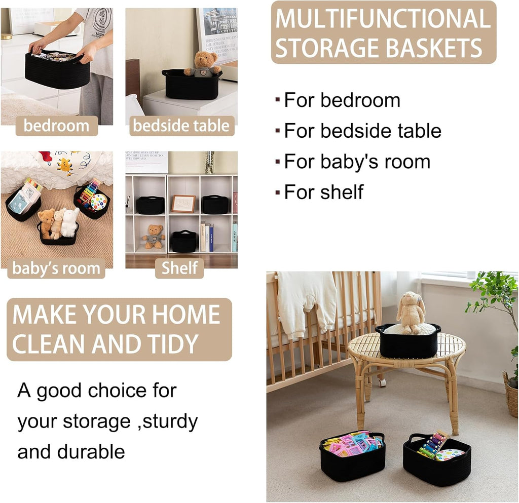 OIAHOMY Cotton Rope Woven Baskets for Storage, Nursery Rectangle Storage Basket with Handles for Shelves, Pack of 3, Black