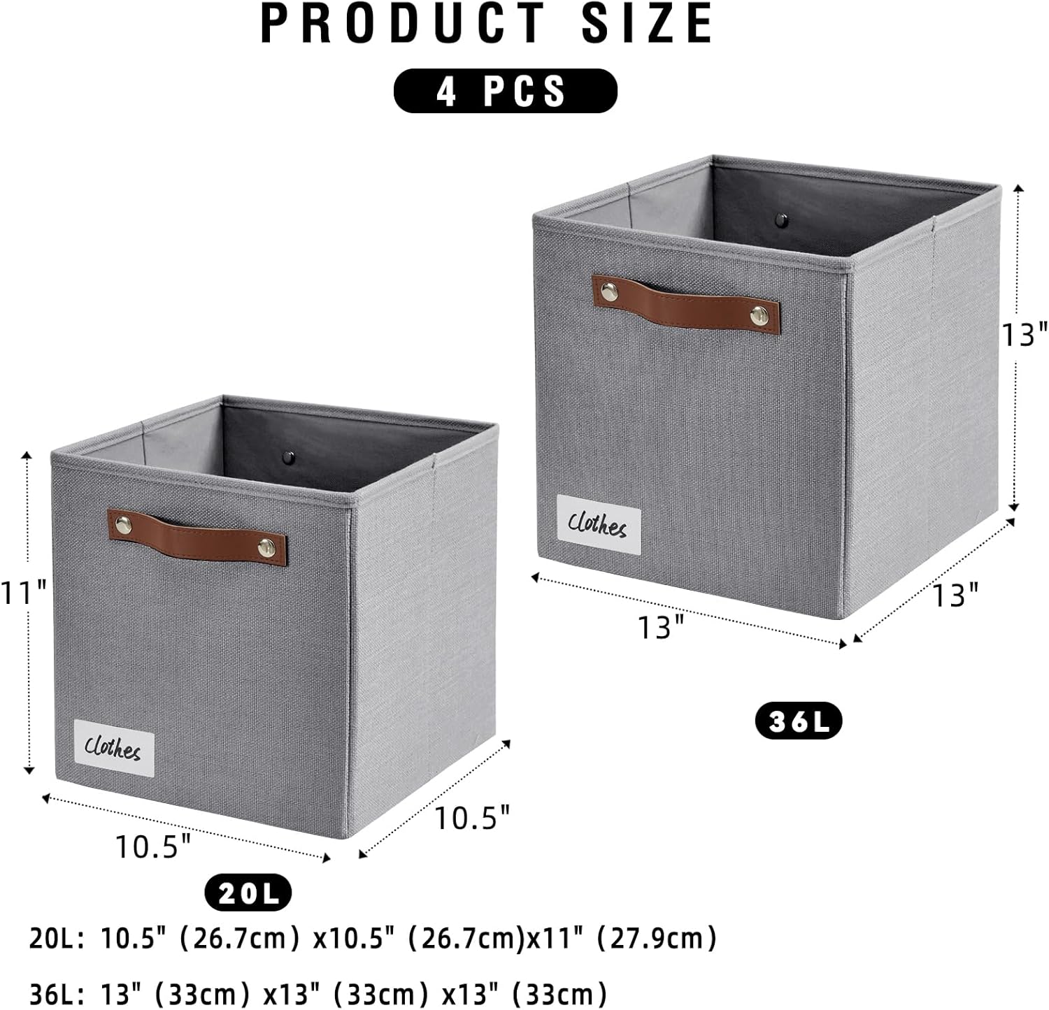 Collapsible Fabric Storage Cube Bins with 2 Reinforced PU Handles, Foldable Storage Organizer Baskets for Closet, Shelves, Living Room | 11"x11"x11", 4 Pack, Full Gray