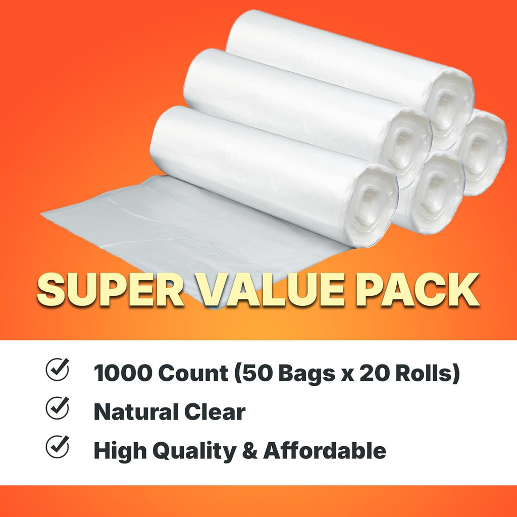 7-10 Gallon Trash Bags, 8 Micron High Density Garbage Can Liners Bulk, 24" x 24", Natural Clear, 1000 Count