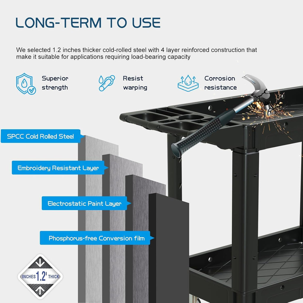2 Shelf Heavy Duty Plastic Utility Cart, Service Cart Tub Storage W/Deep Shelve Holds up to 1000 lbs, Rolling Utility Cart with 360°Swivel Wheels, Work Cart for Warehouse, Garage, Cleaning